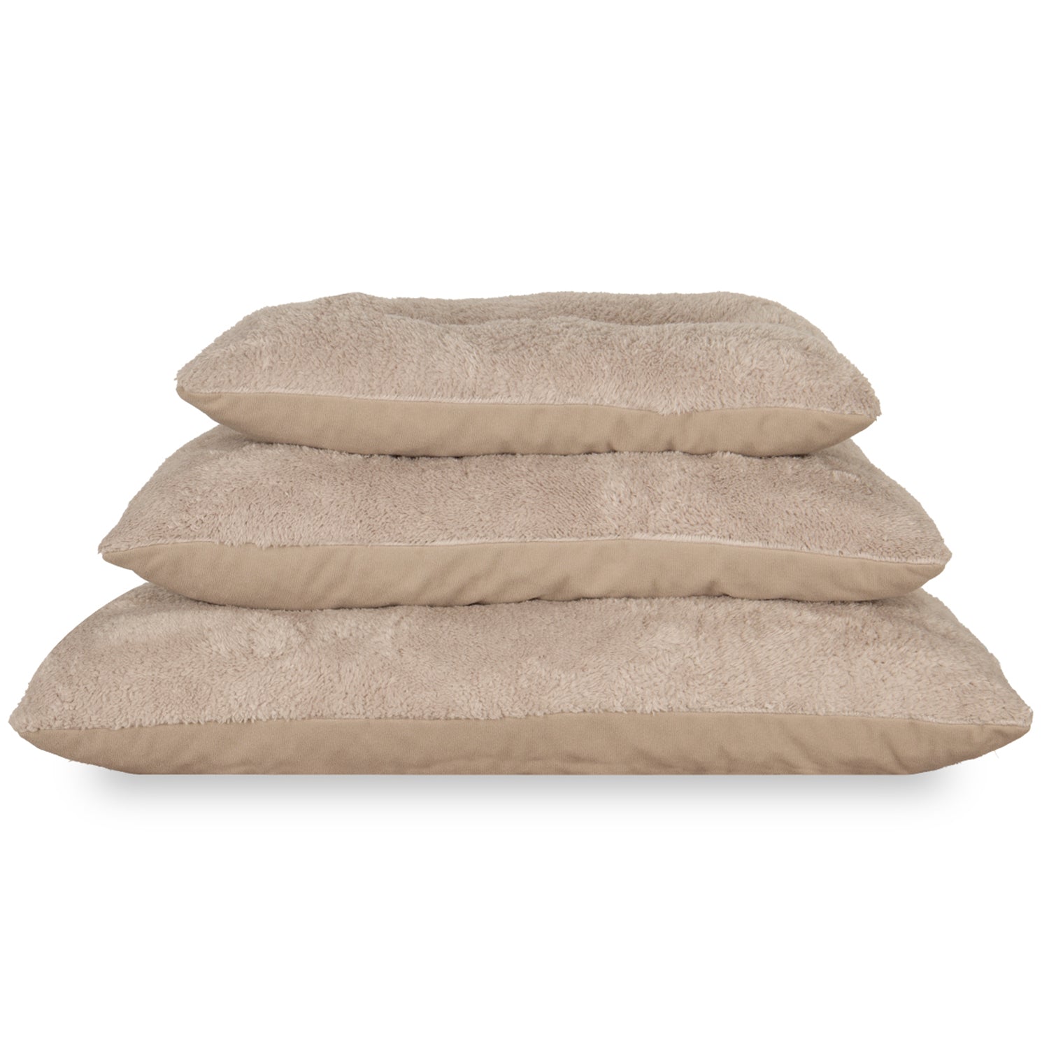 Stack of three beige reversible washable pet beds for cats and dogs