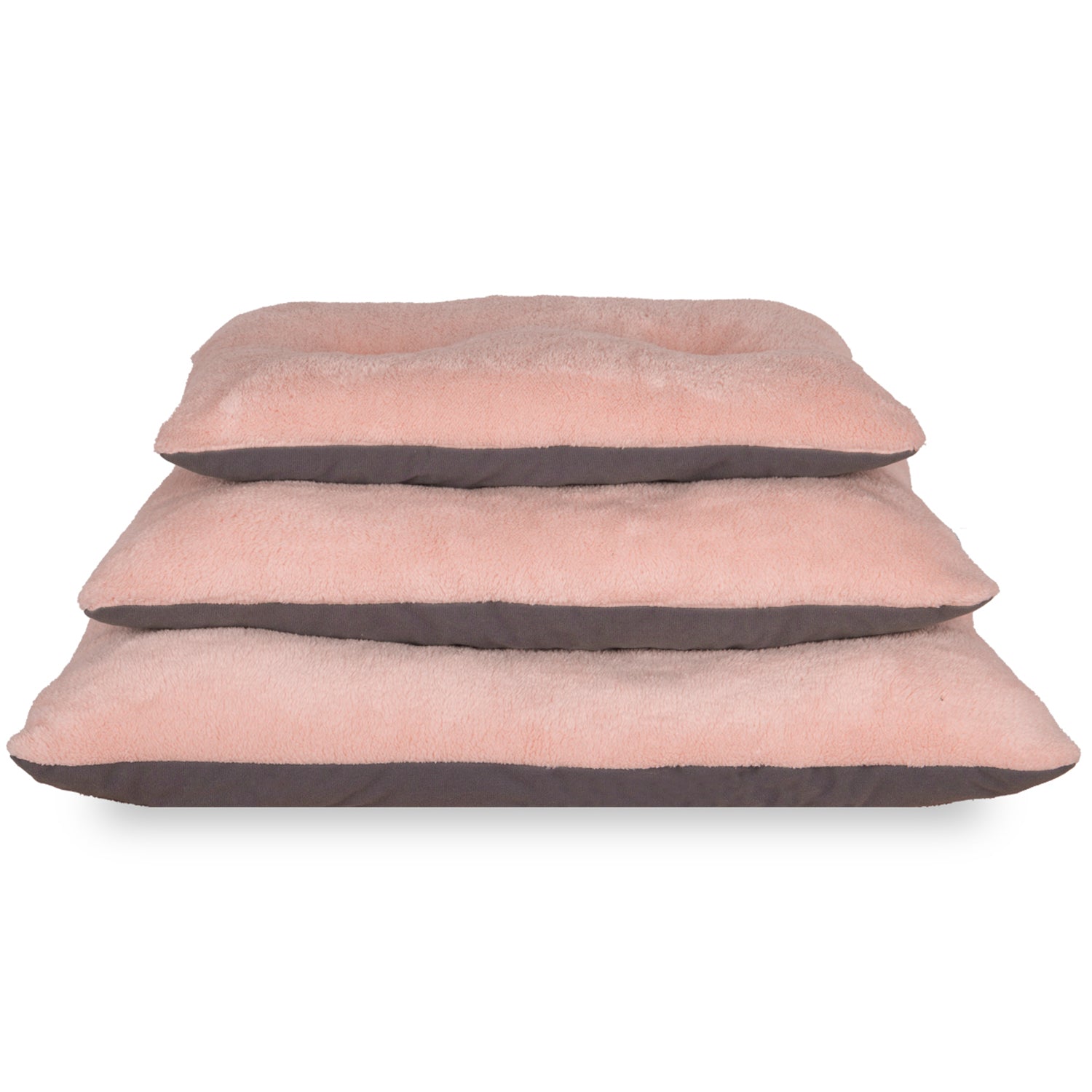 Stack of pink and anthracite reversible washable pet cushions in three sizes
