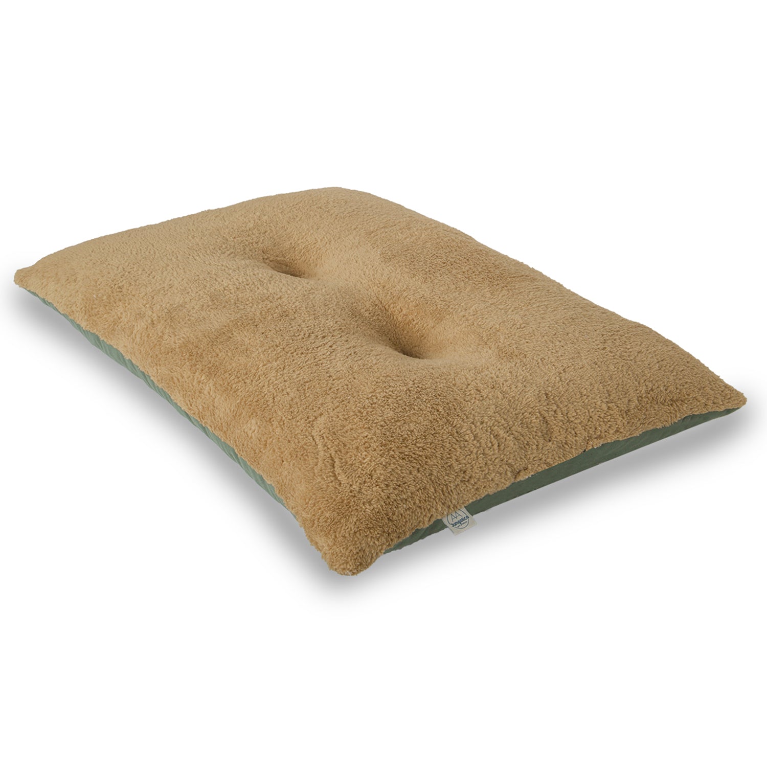 Double-sided washable pet cushion with olive green fabric and beige plush surface