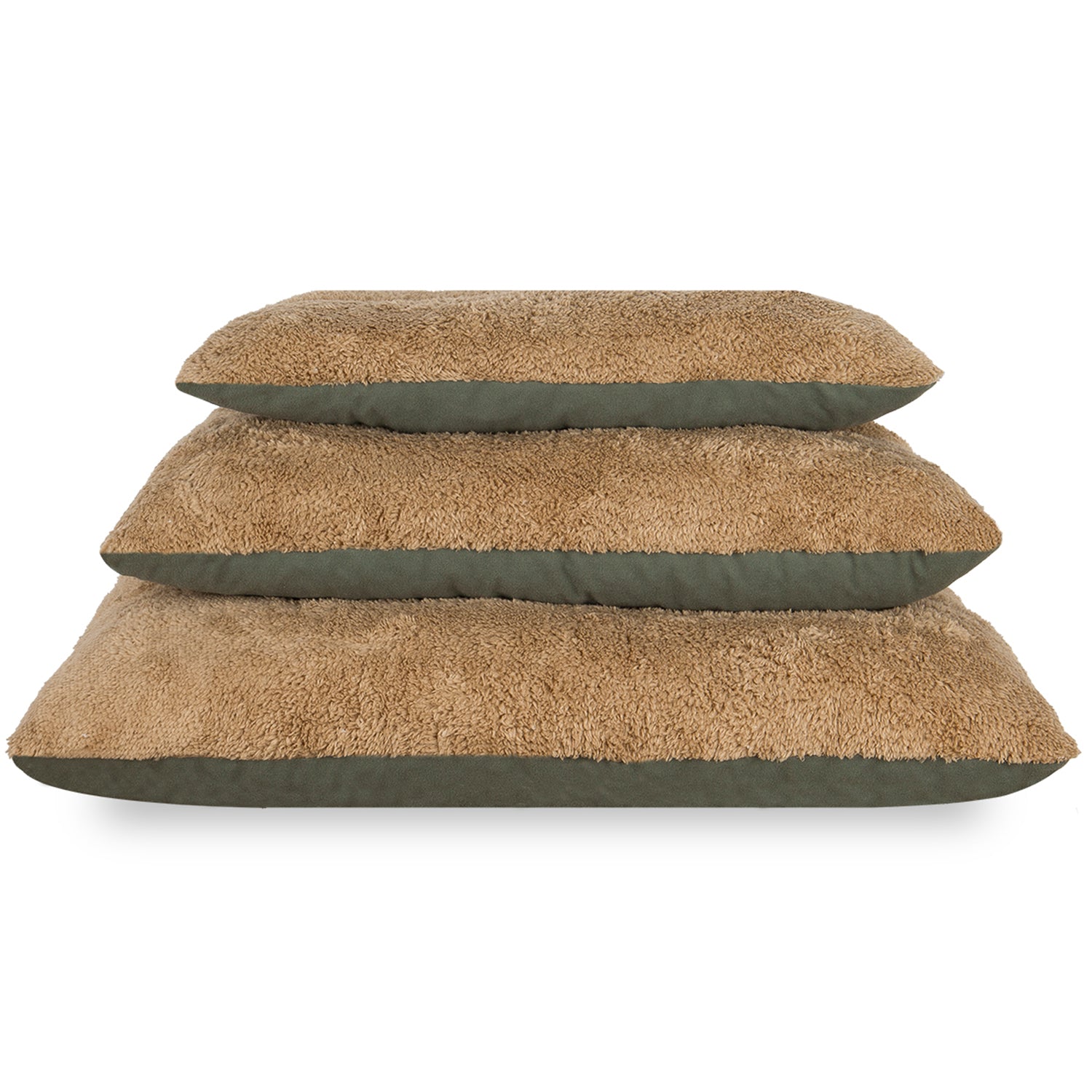 Stack of three olive green and beige washable pet cushions for cats and dogs