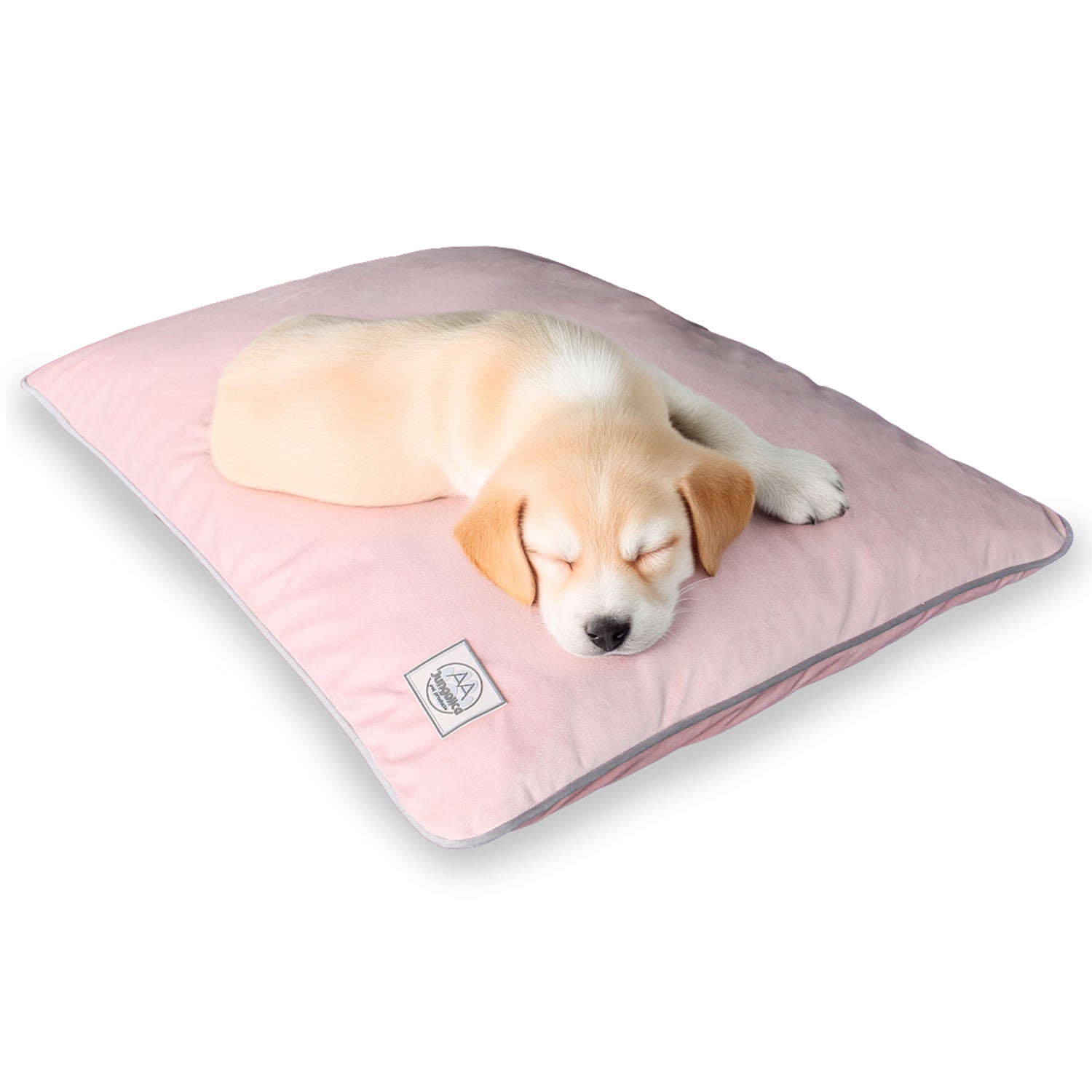 Puppy sleeping on light pink pet bed with removable, non-shedding fabric cover
