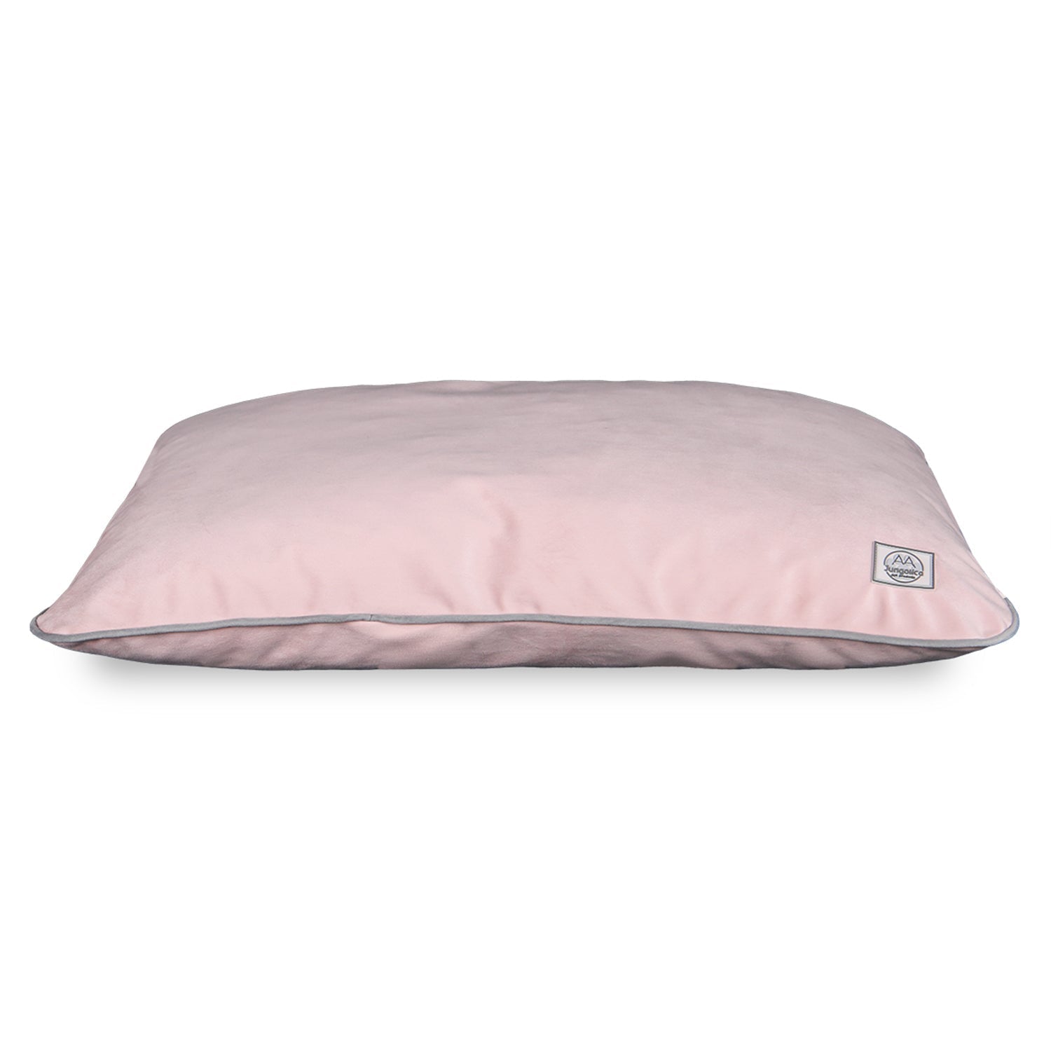 Light pink pet bed with removable cover and durable, hair-resistant fabric on white background