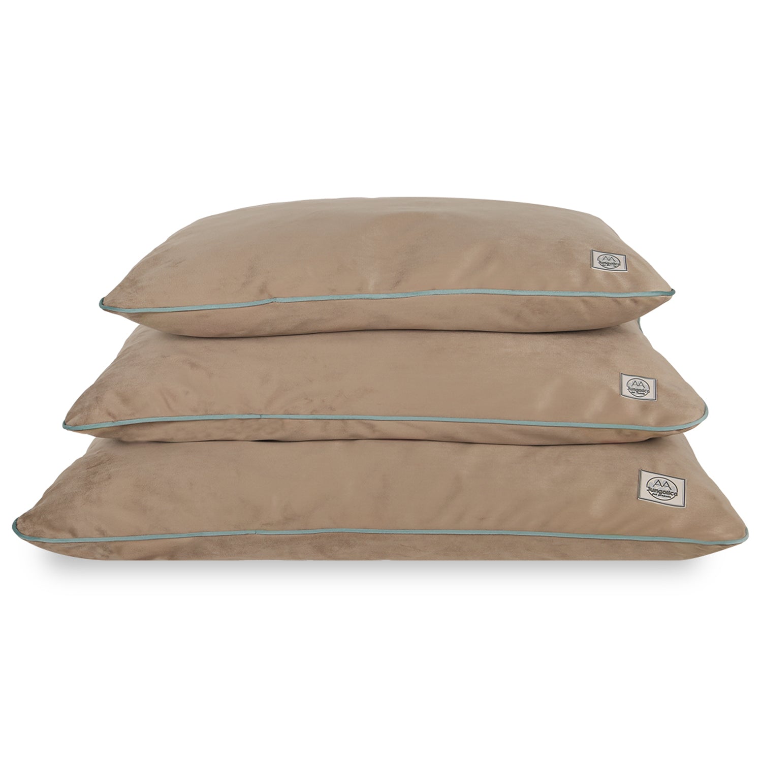Beige pet floor cushions with removable covers, stack of three, durable non-shedding fabric