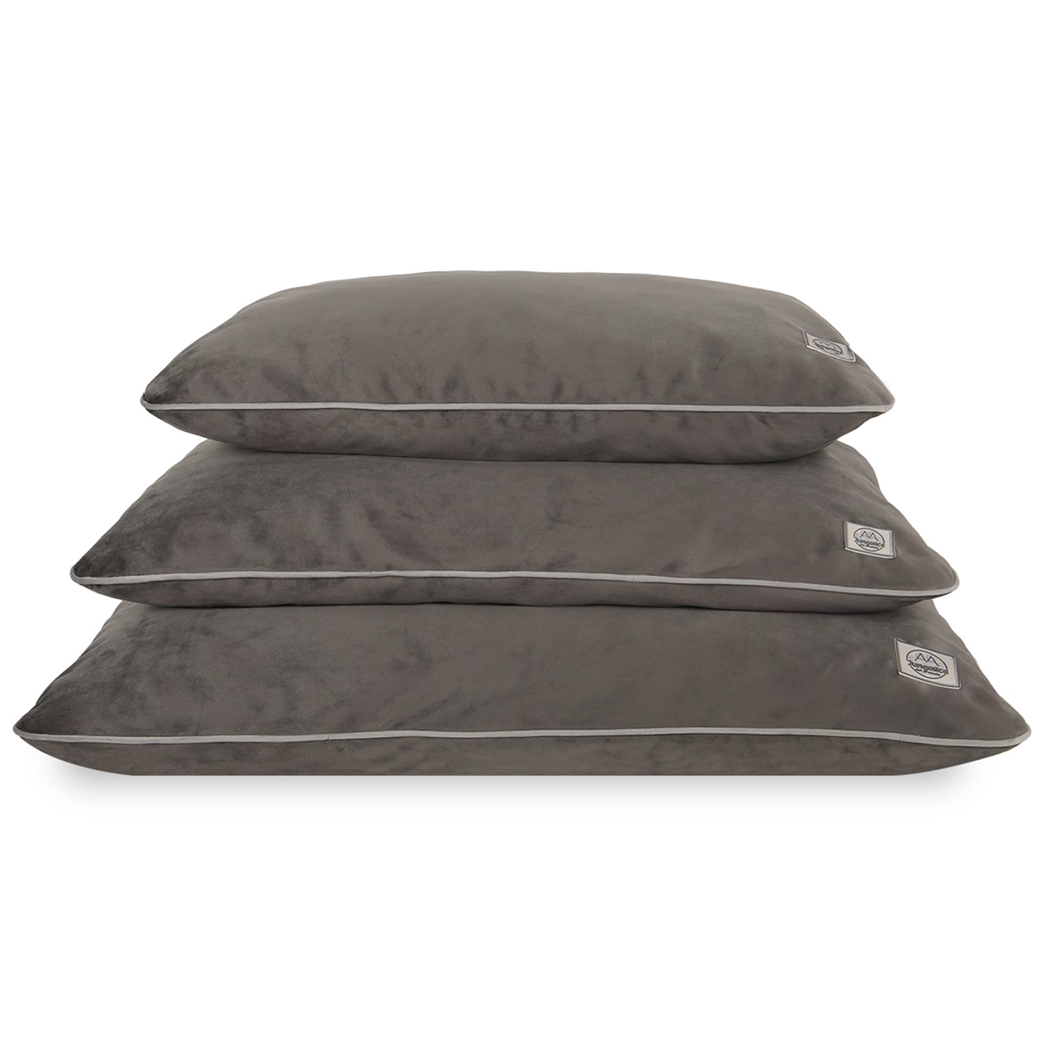 Stack of three grey pet beds with removable covers, durable fabric, for cats and dogs