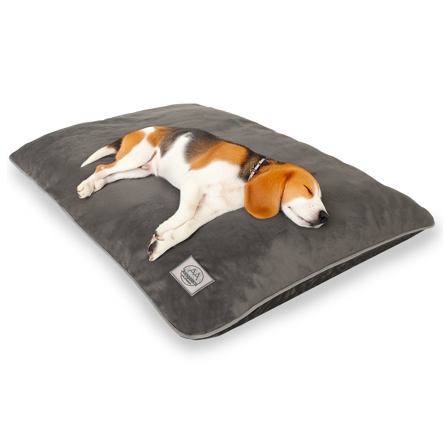 Beagle puppy sleeping on a grey, removable cover, pet bed for dogs and cats