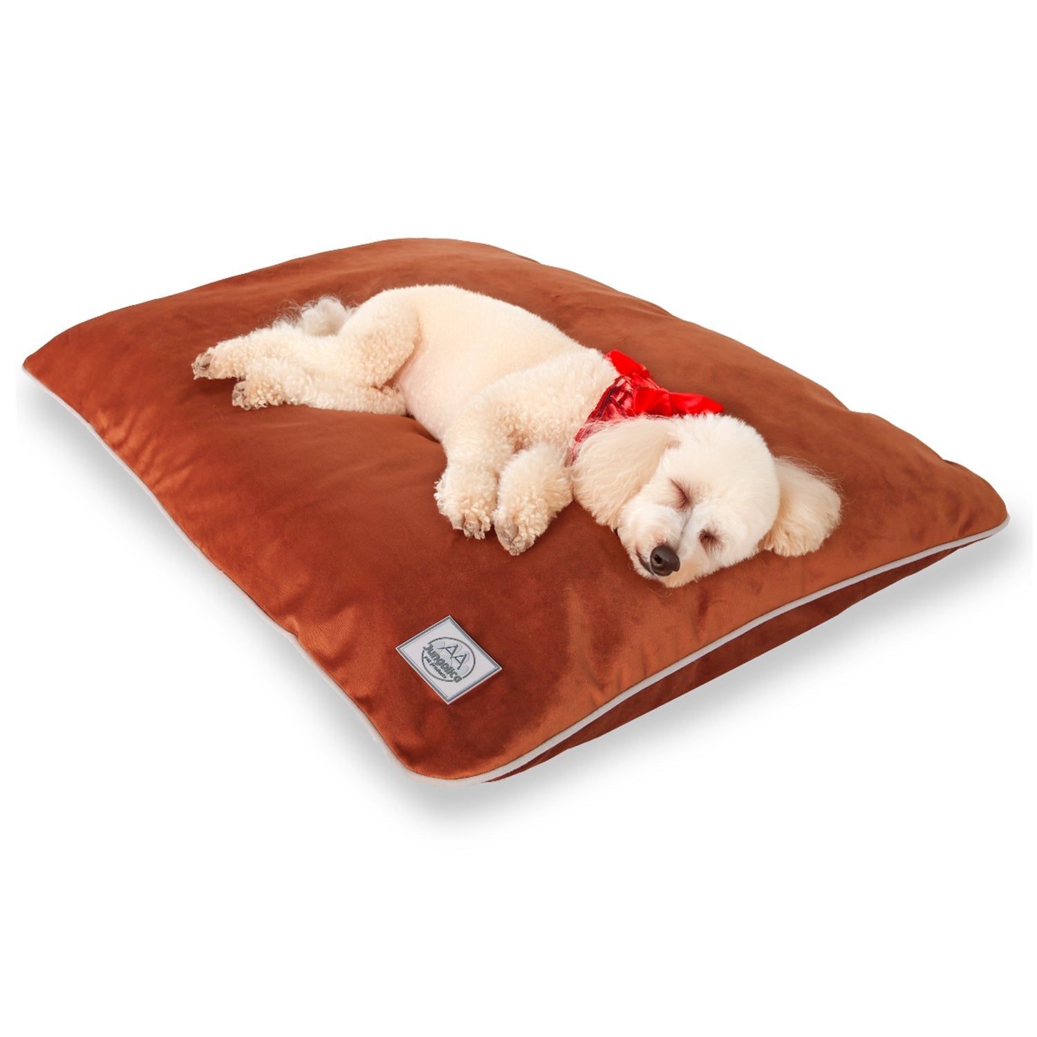 Cream-colored dog sleeping on a brown, removable-cover pet bed for dogs and cats.