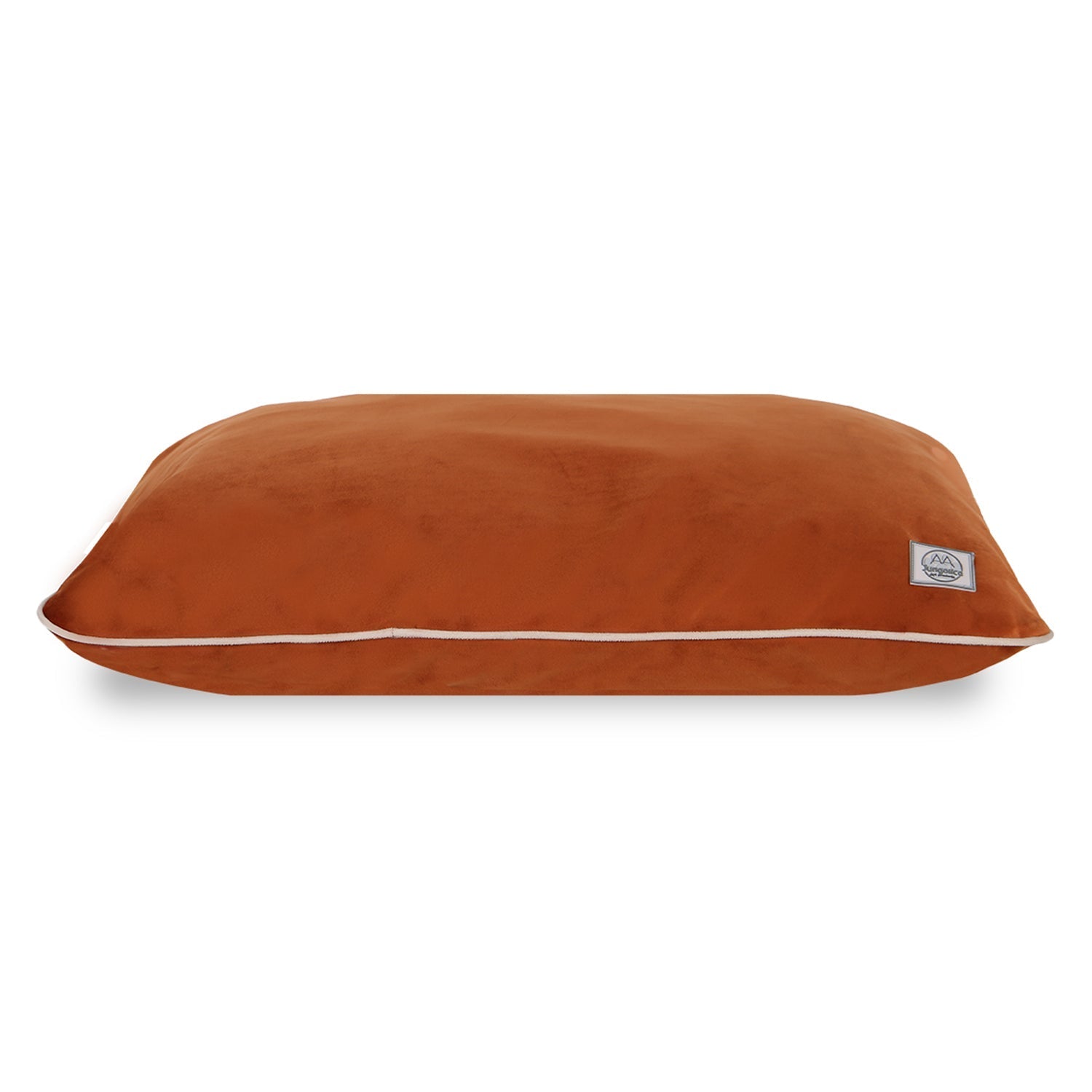 Rust-colored pet bed with removable cover and white trim on white background