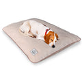 Beagle puppy sleeping on a cream-colored washable pet bed with removable cover