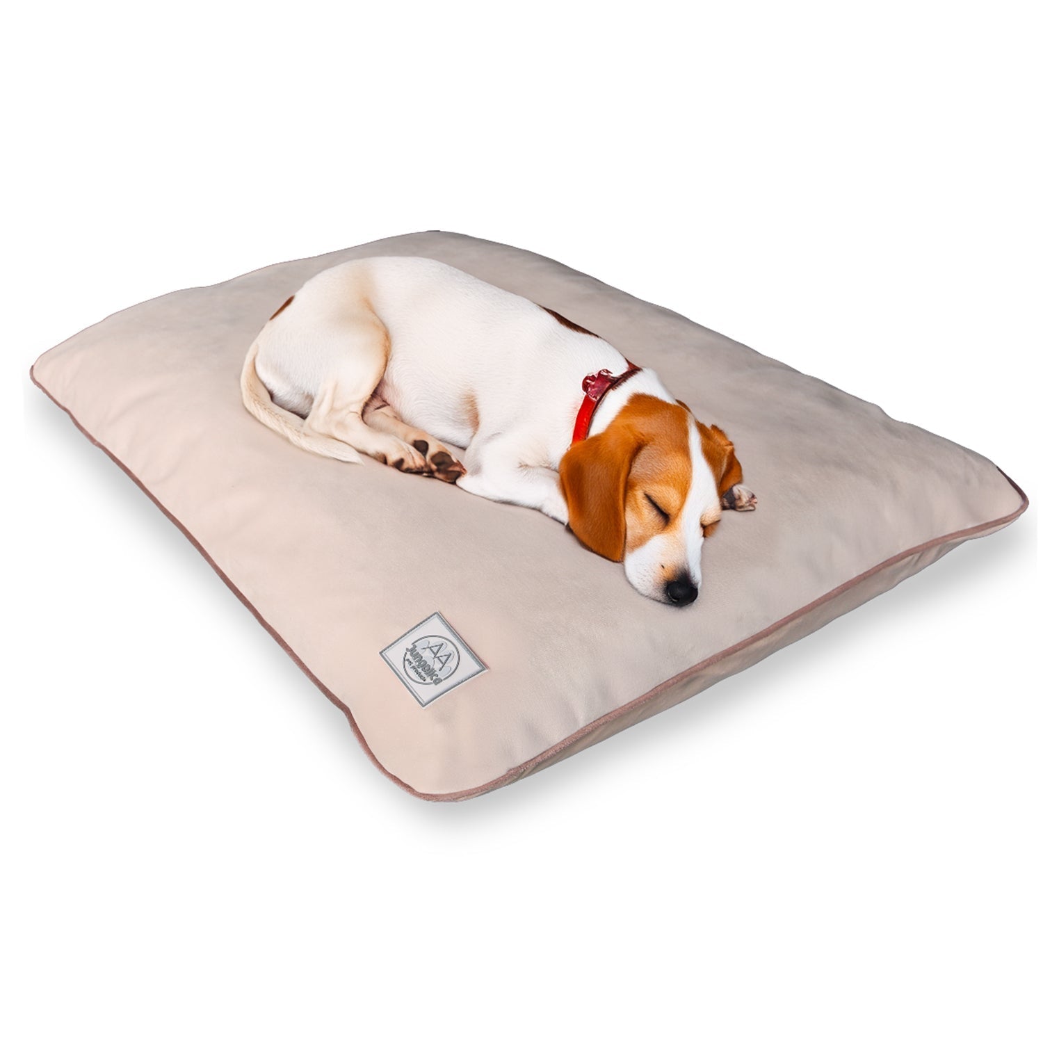 Beagle puppy sleeping on a cream-colored washable pet bed with removable cover
