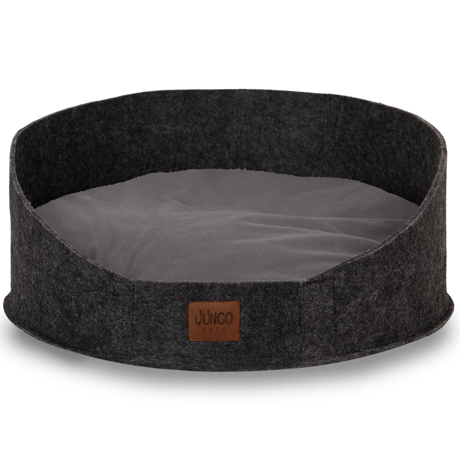 Round dark gray felt pet bed for cats and dogs with cushioned interior and Jungo Pets label