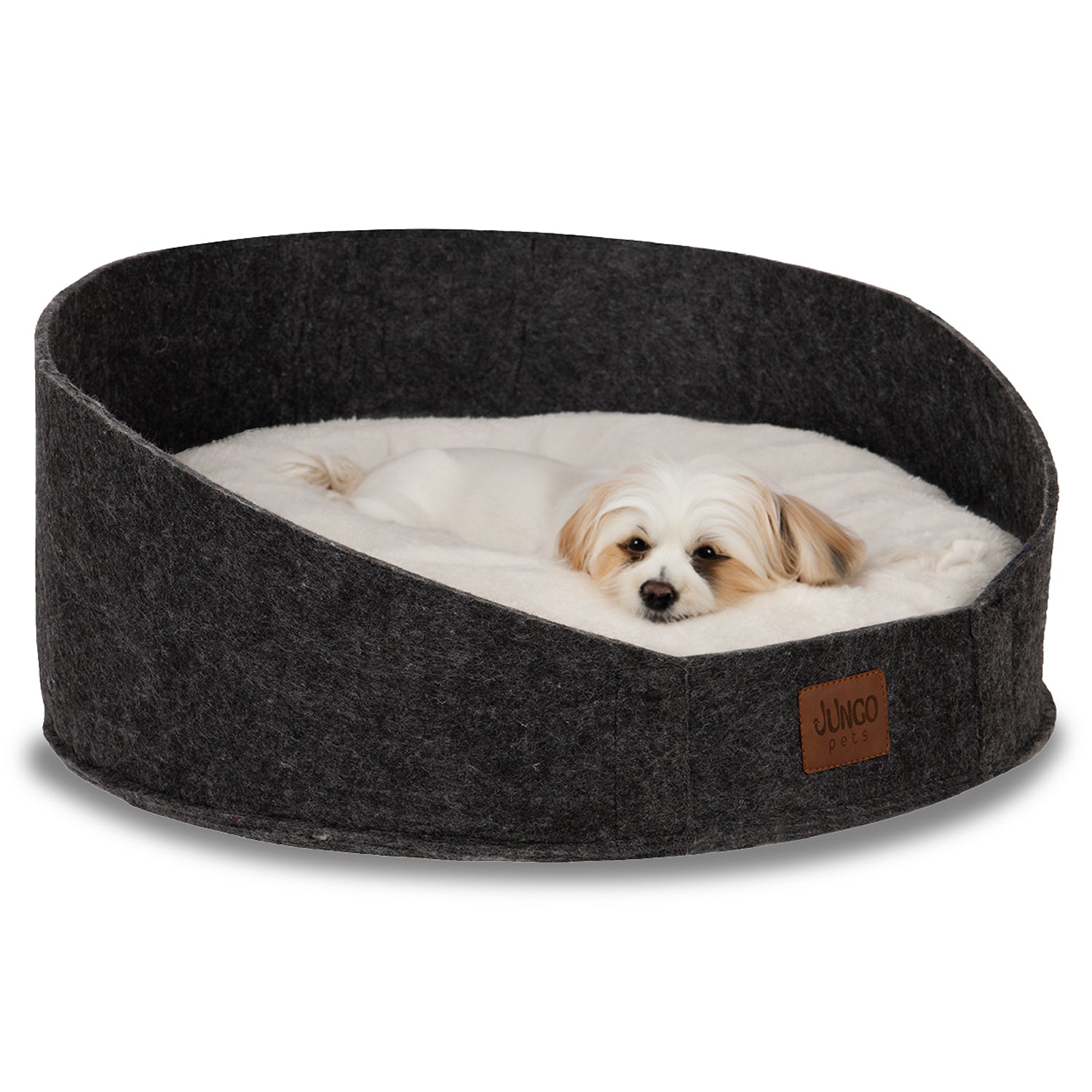 Small dog lying in a round, dark gray felt pet bed with soft white cushion.