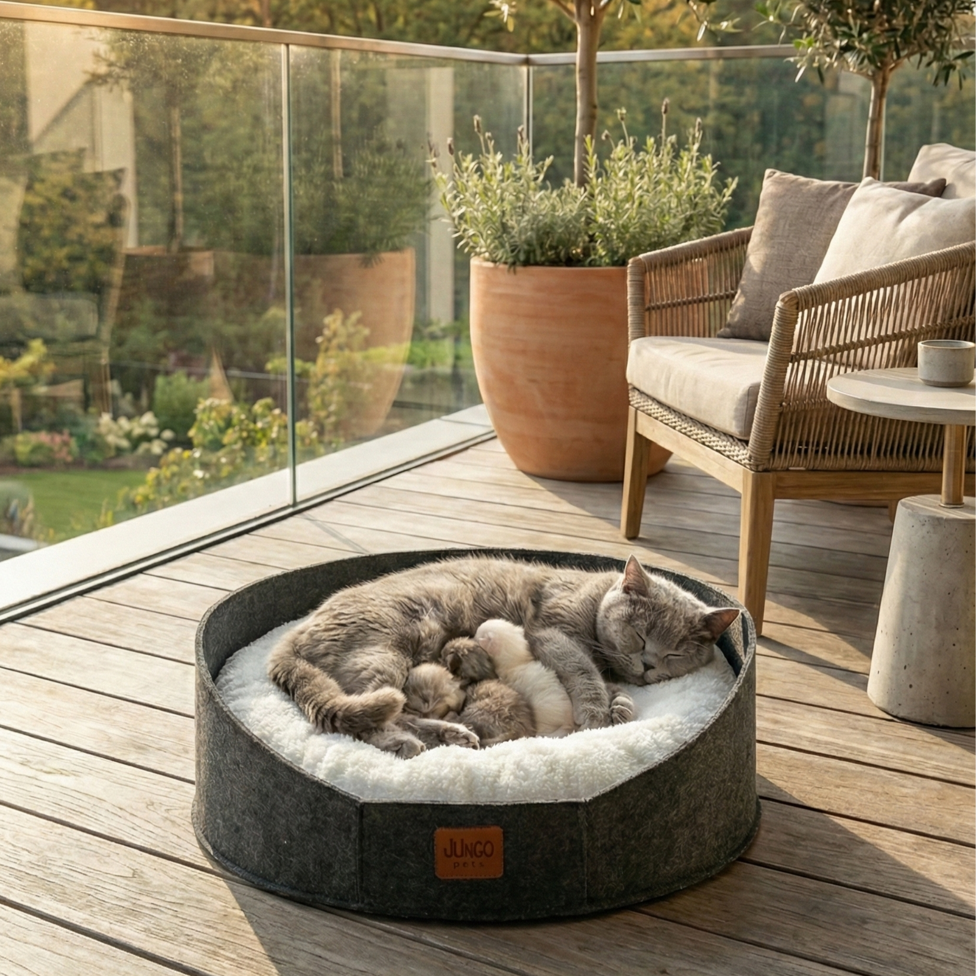 Gray cat with kittens sleeping in a round pet bed on a cozy patio with natural decor