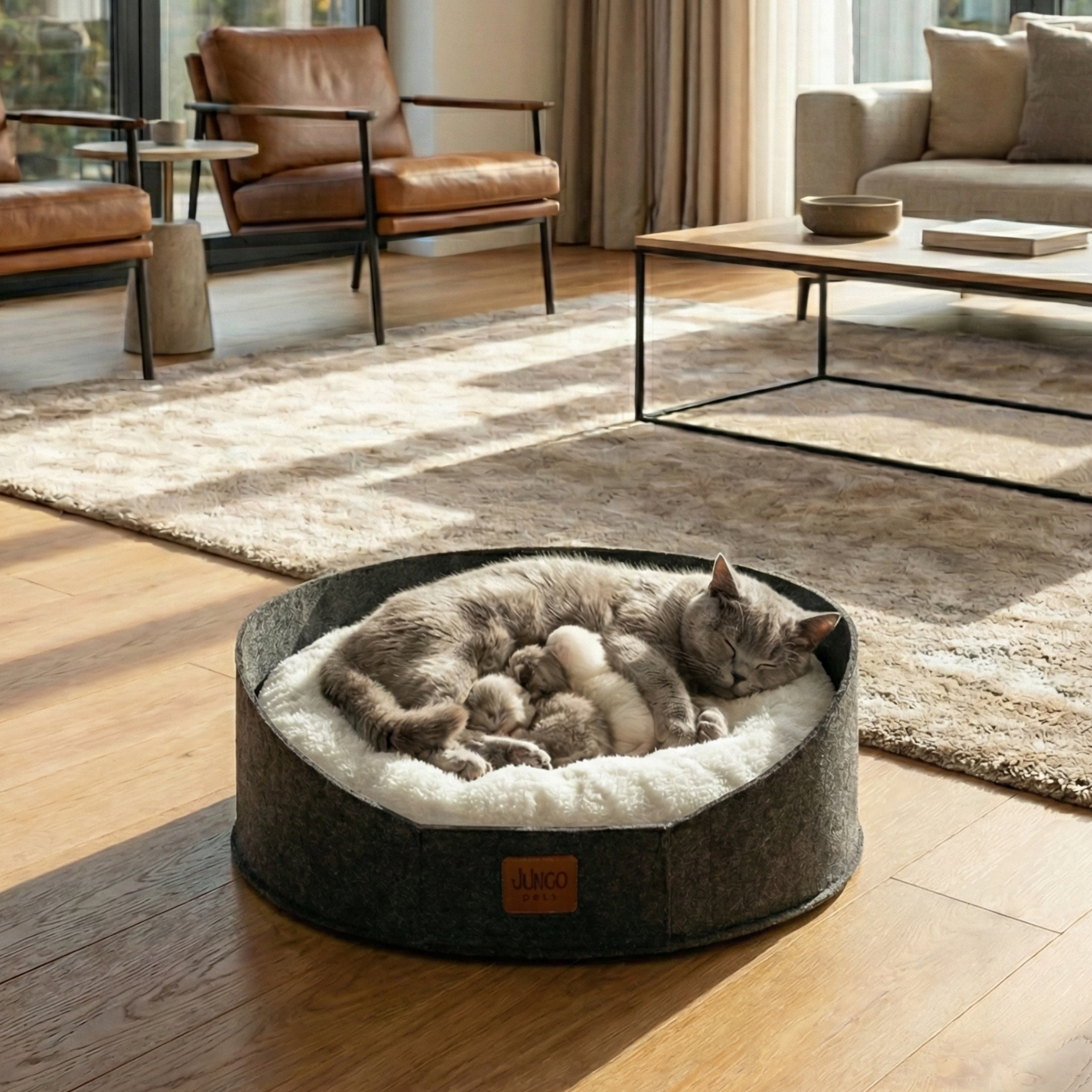 Gray cat and kittens sleeping in a round felt pet bed in a cozy modern living room