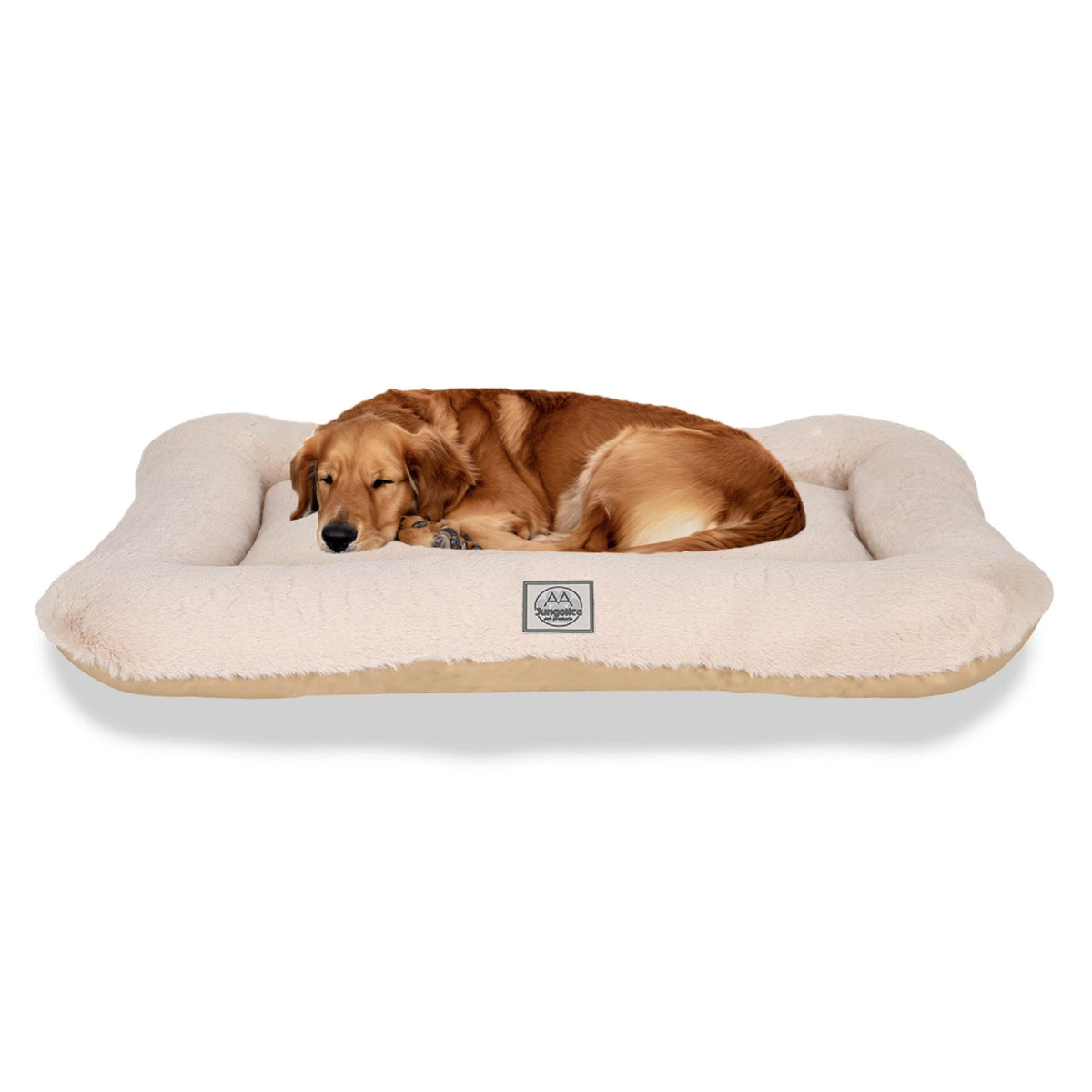 Large dog sleeping on beige waterproof pet bed with plush sides, suitable for all seasons