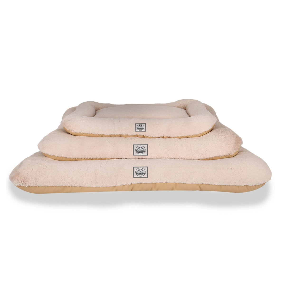 Stacked beige waterproof pet beds for cats and dogs in three sizes on white background.
