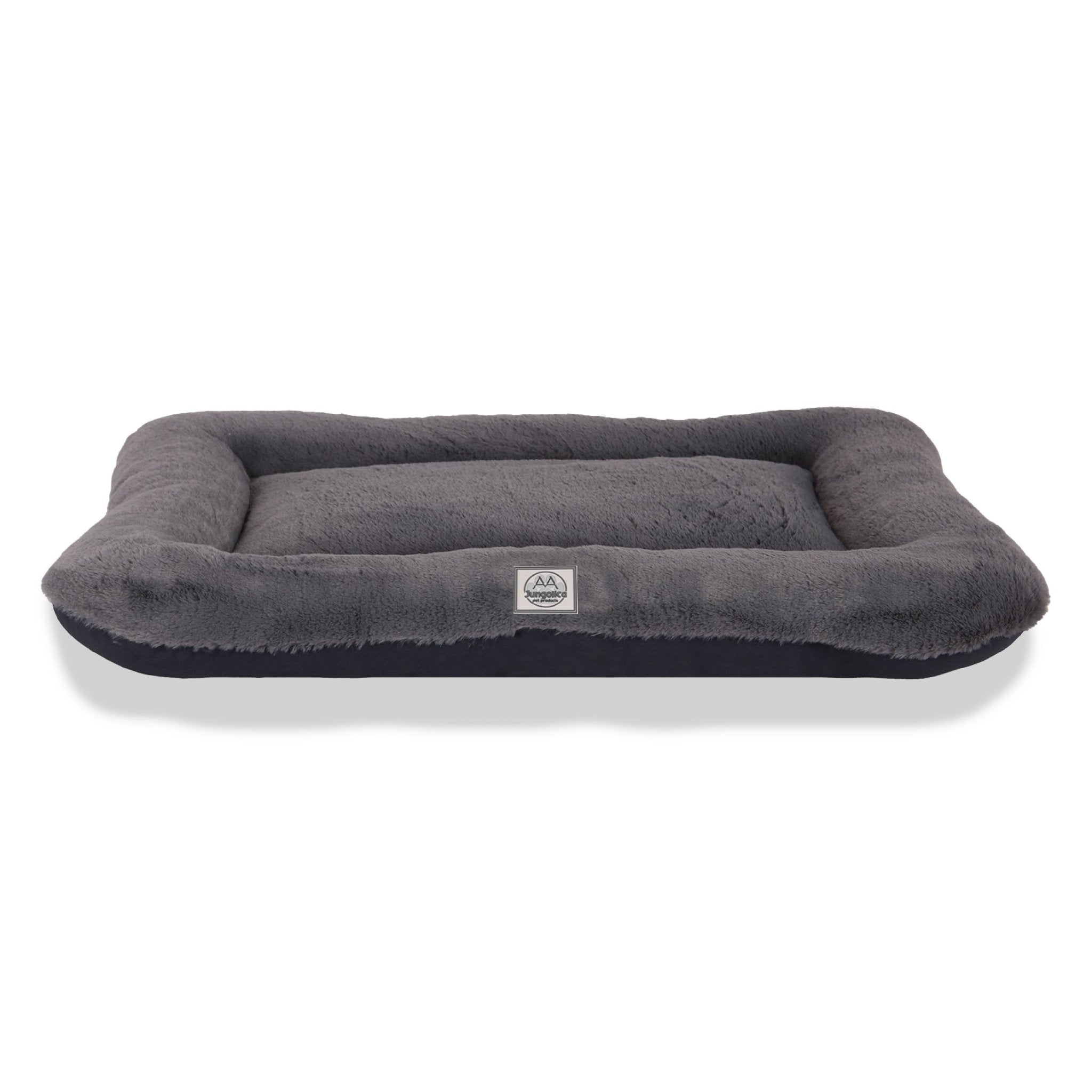Dark grey waterproof pet bed for cats and dogs, rectangular and plush with soft fabric.