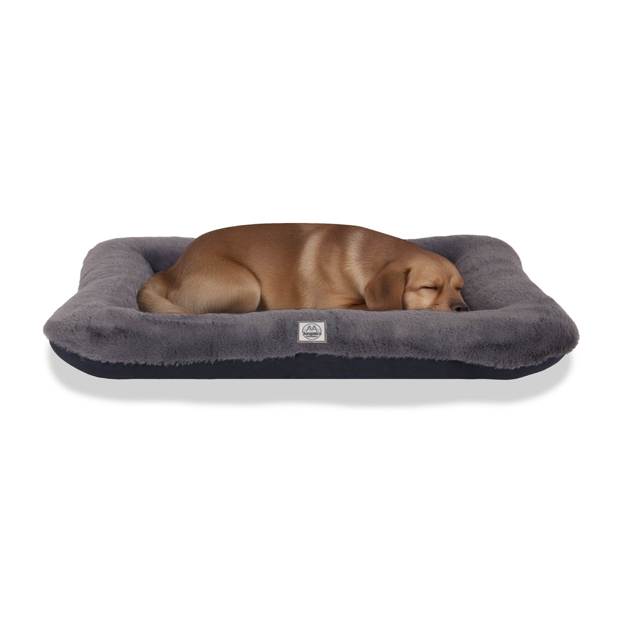 Brown dog sleeping on a dark grey, plush, waterproof pet bed with raised edges