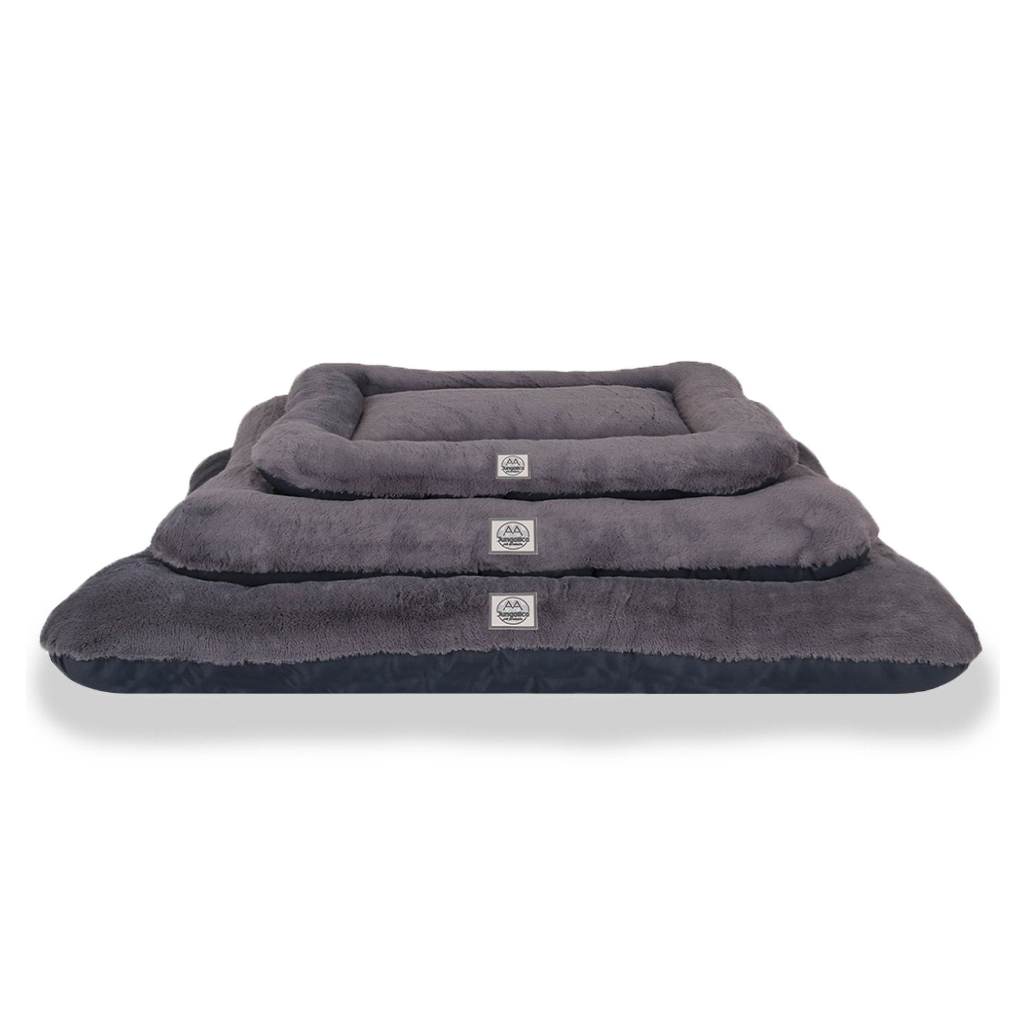 Dark grey waterproof double-sided pet beds in three sizes stacked together