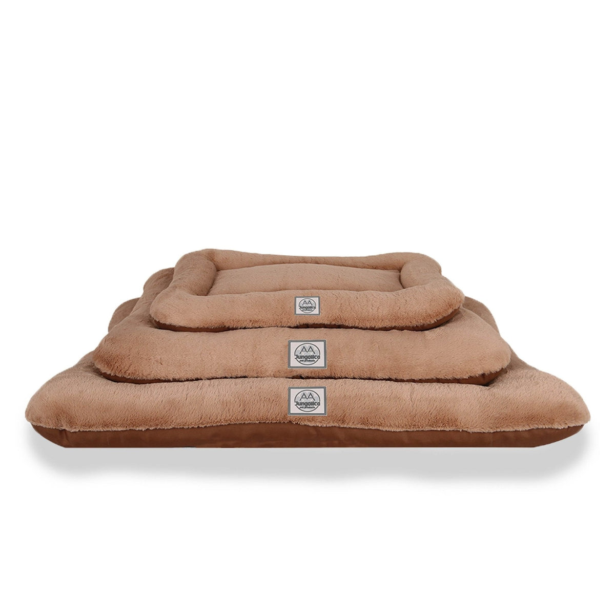 Stack of three brown waterproof pet beds for cats and dogs, plush and rectangular