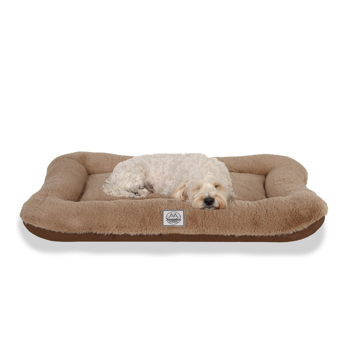 Fluffy dog sleeping on a beige, waterproof, orthopedic pet bed for cats and dogs