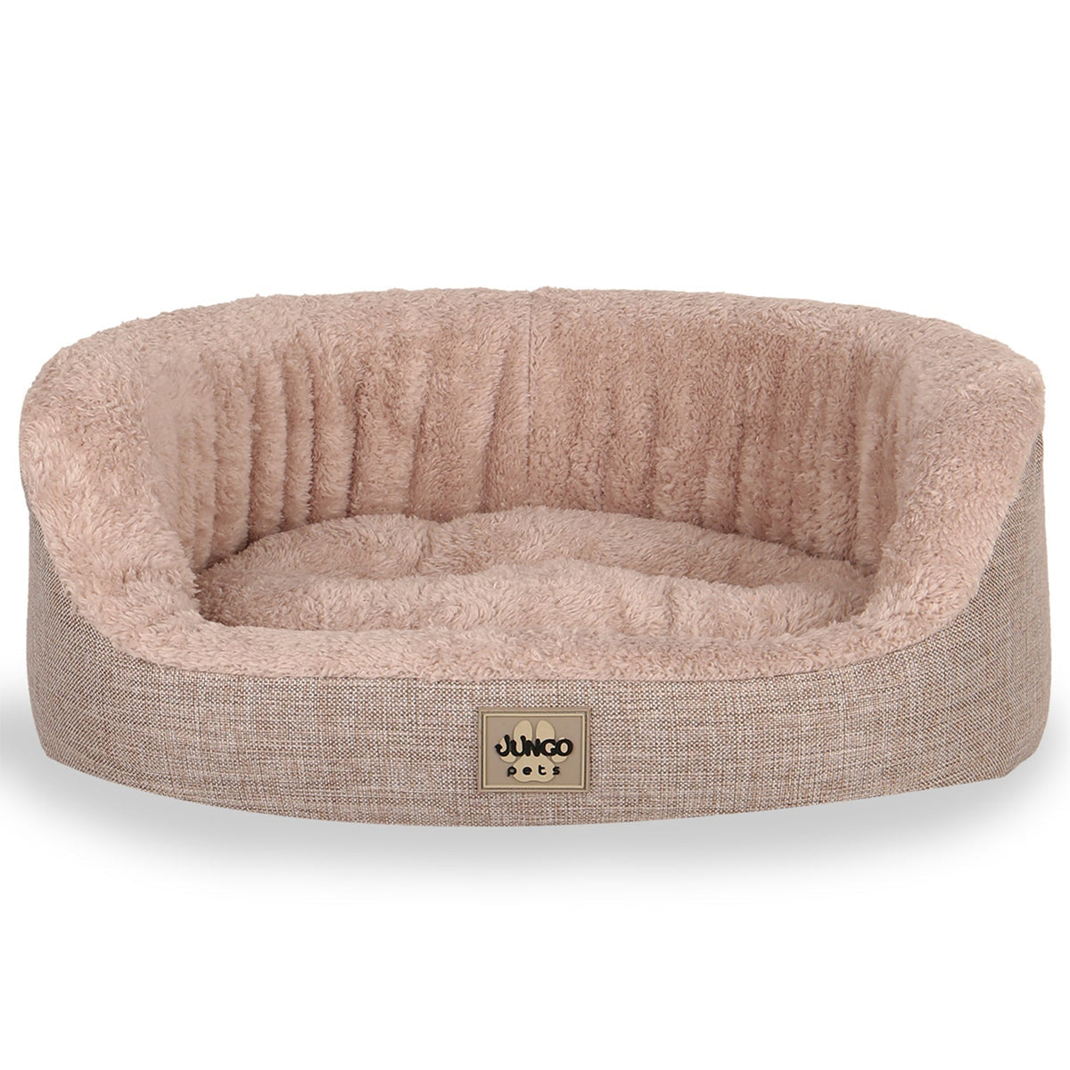 Soft beige pet bed with plush lining and removable washable cover for cats and dogs