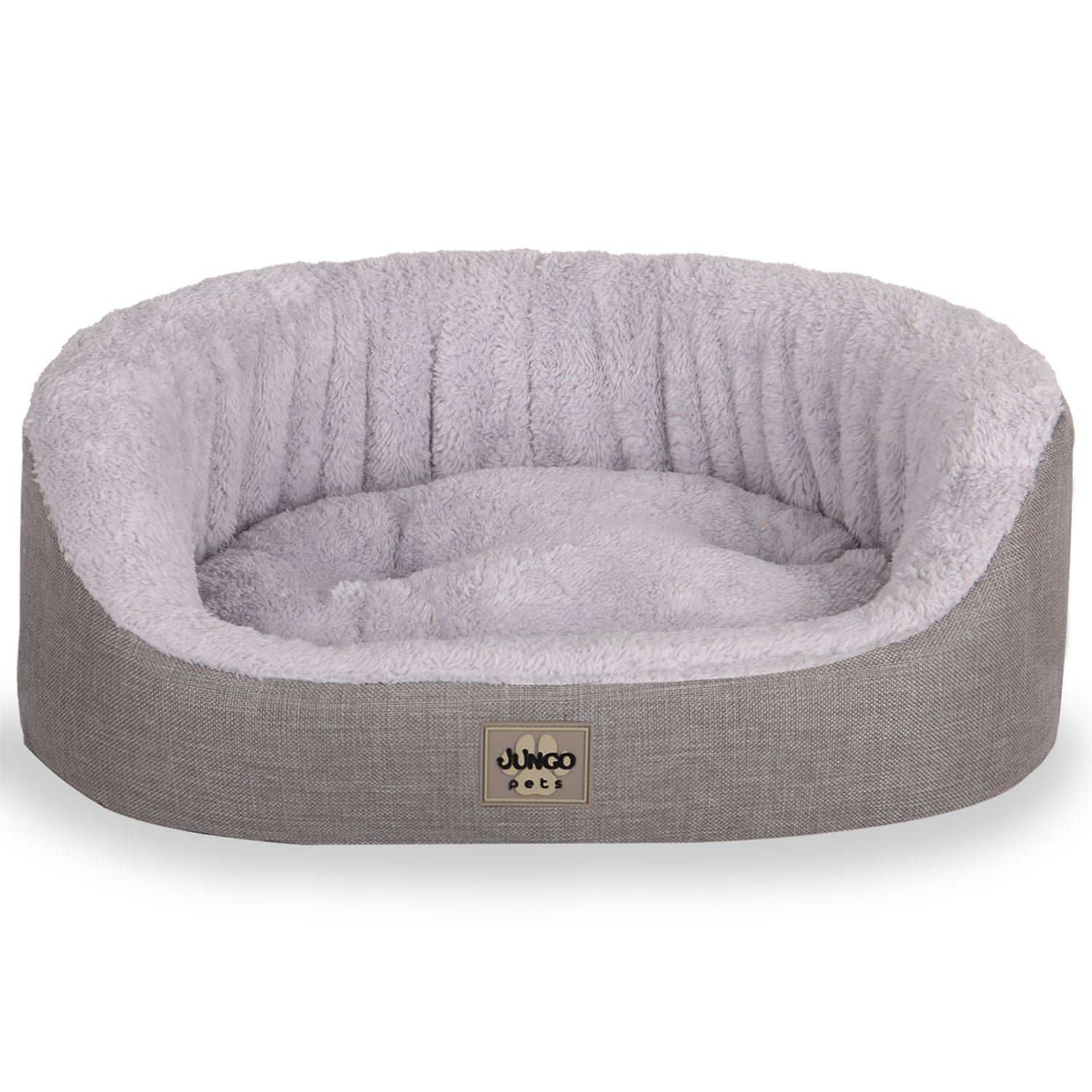 Light grey plush cat and dog bed with removable washable cover and high sides