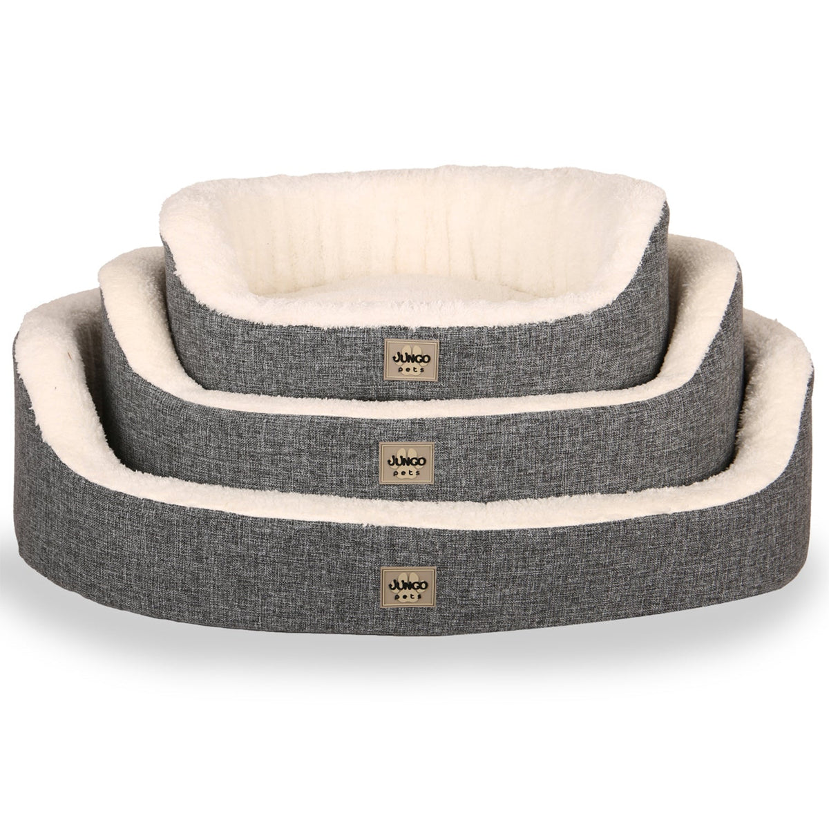 Stacked grey pet beds with removable, easy-clean white plush lining for cats and dogs