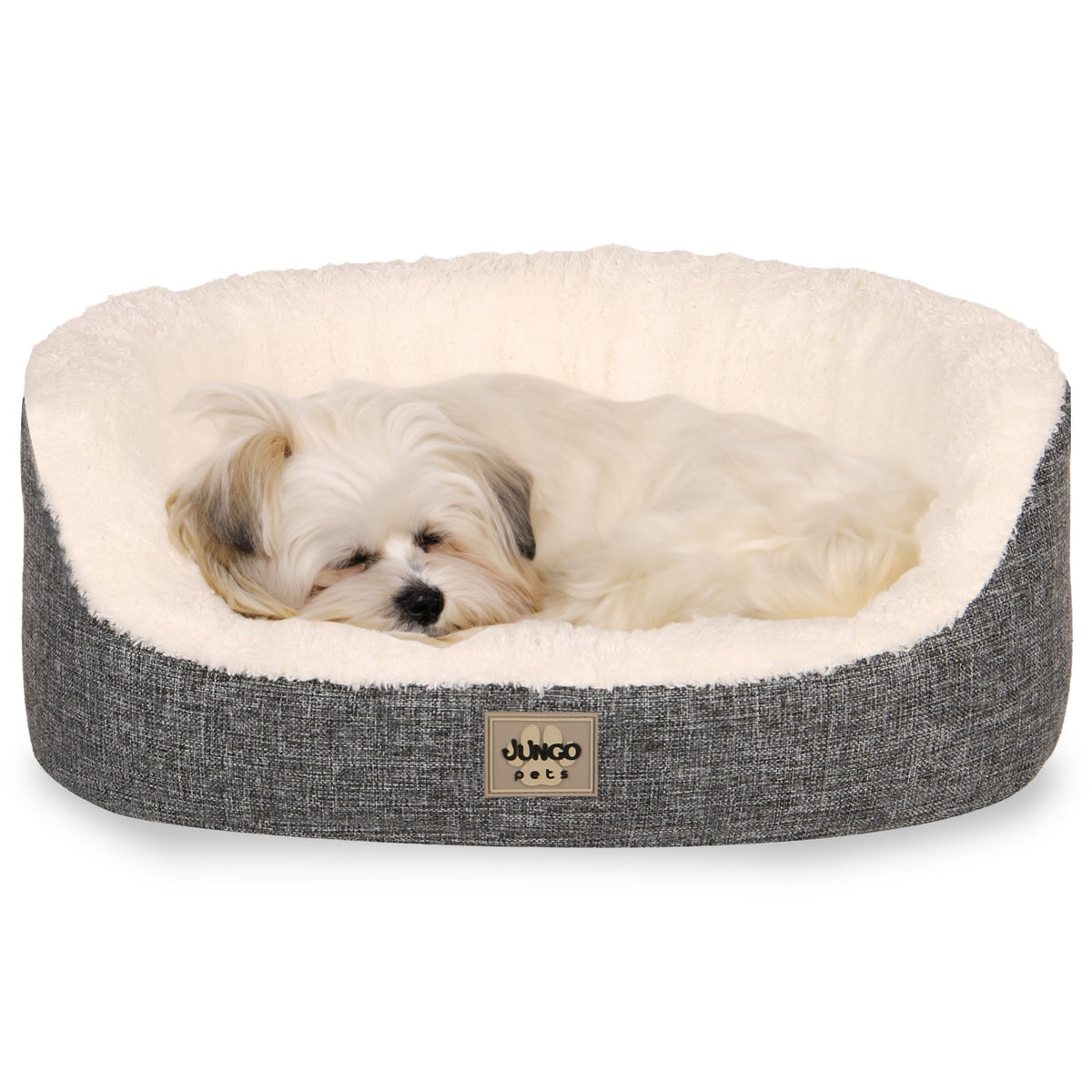 Small dog sleeping in a soft, removable cover, washable gray pet bed