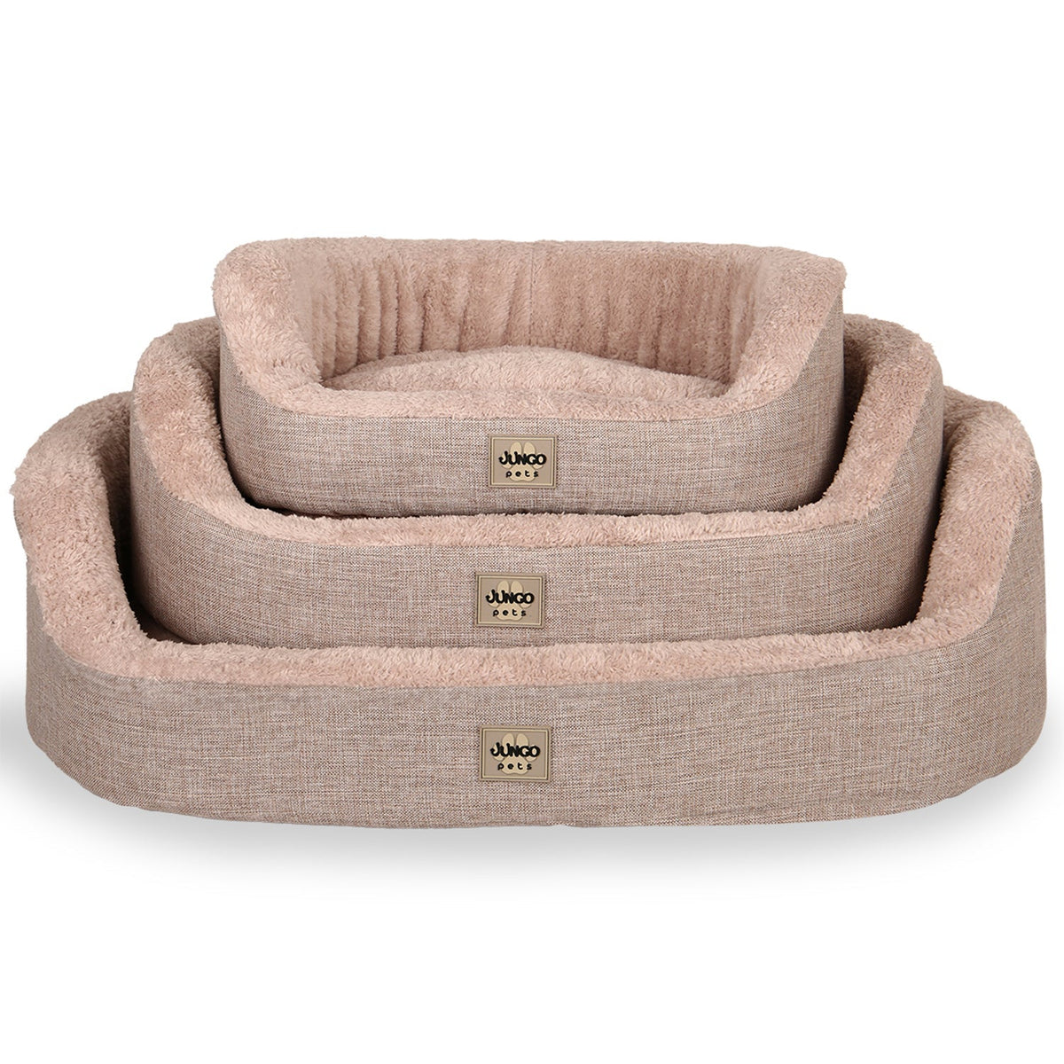 Set of three beige, rectangular, plush pet beds with removable, washable covers