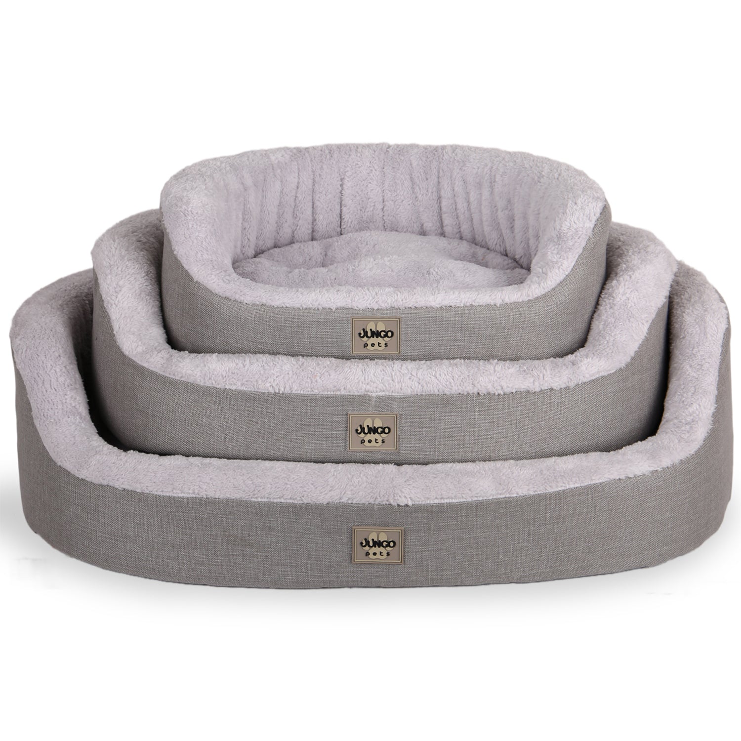 Stacked gray pet beds with soft, removable, washable covers for cats and dogs