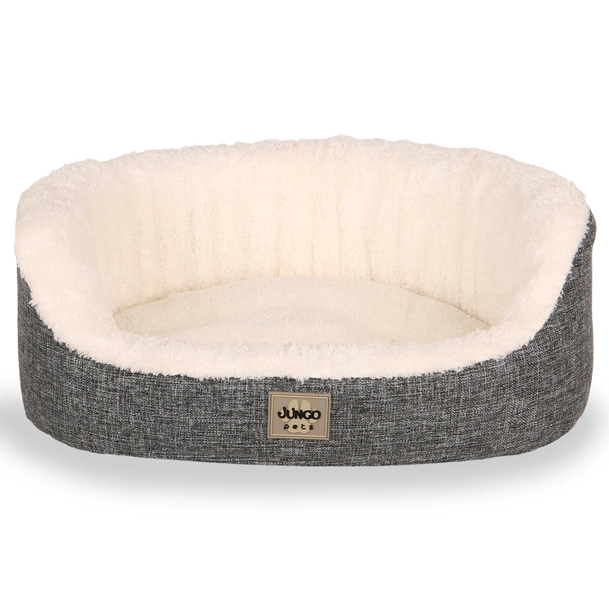 Comfortable cat and dog bed with soft white plush lining and removable grey fabric cover