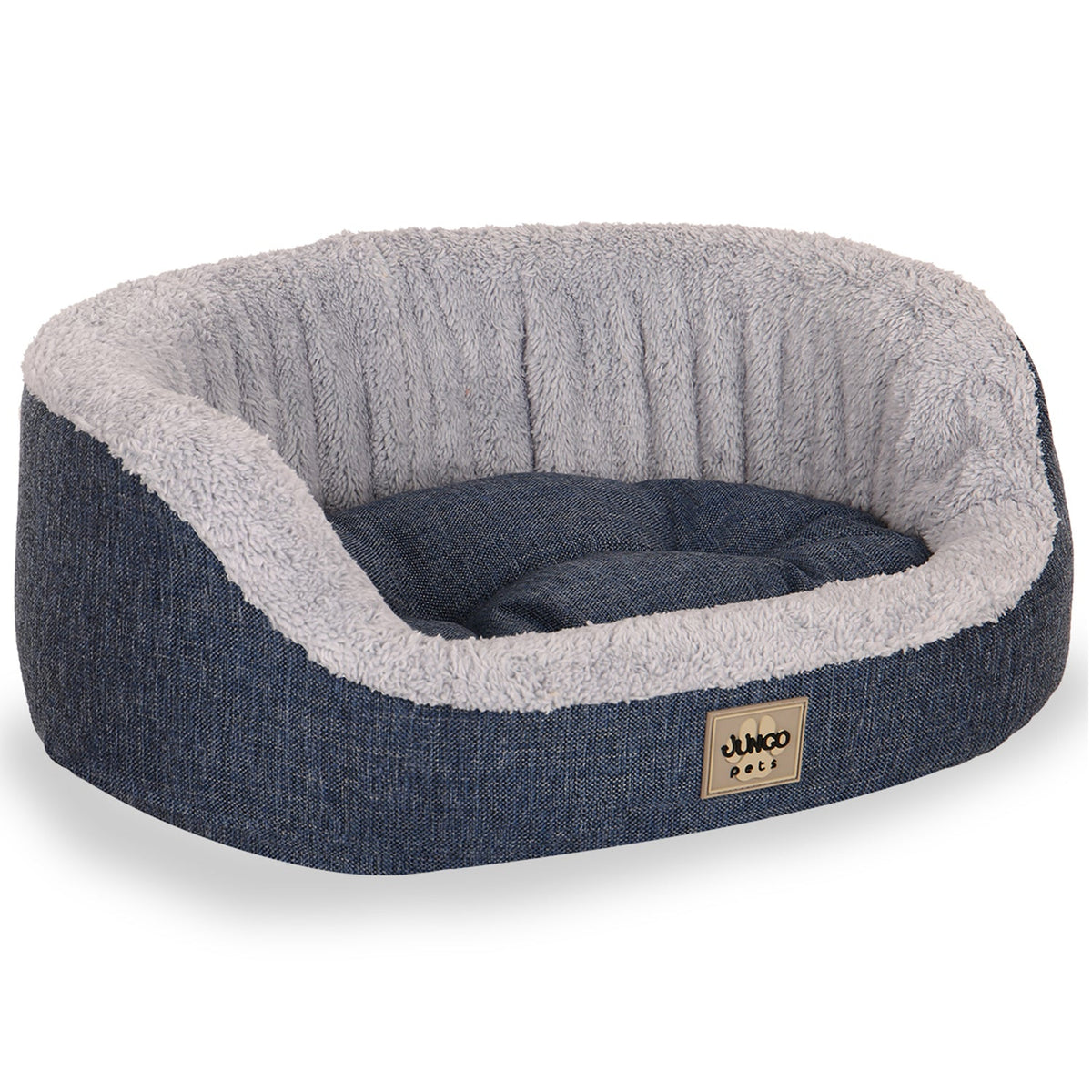 Blue and gray plush dog bed with high soft sides and cozy interior, ideal for pets.