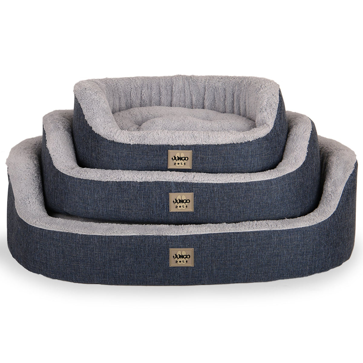 Stacked blue and gray plush pet beds in three sizes for cats and dogs
