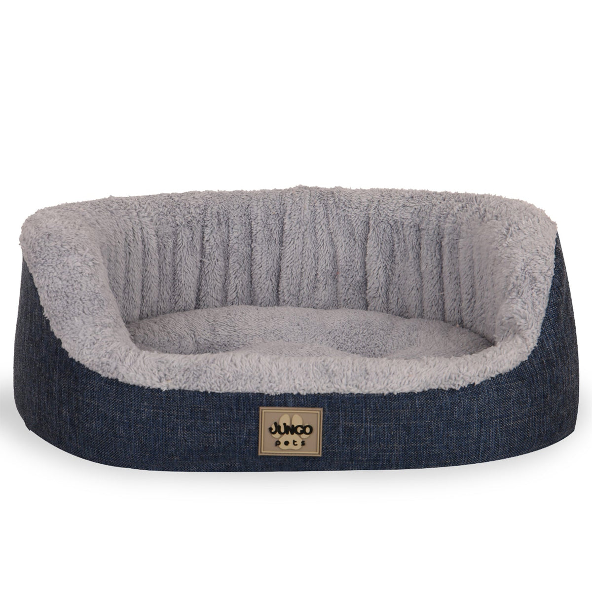 Soft rectangular blue and gray pet bed with plush interior and raised sides.