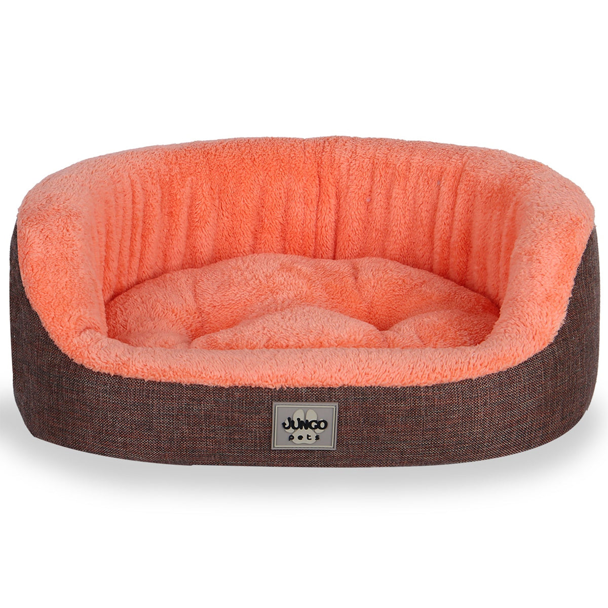 Soft orange plush pet bed with brown exterior and raised sides, indoor pet accessory