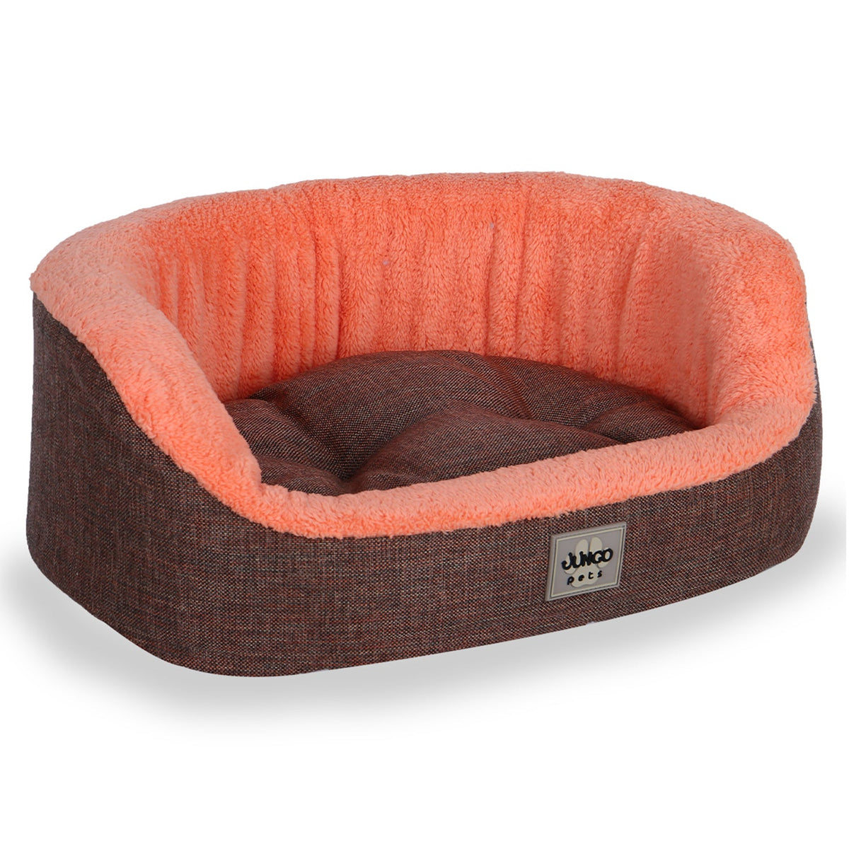 Soft brown and orange rectangular pet bed with plush lining and raised sides