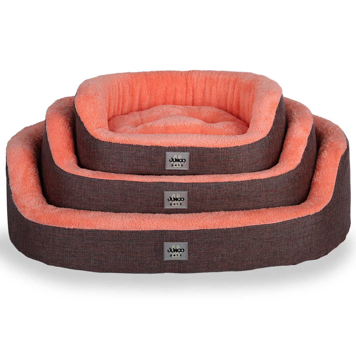 Stacked brown pet beds with soft orange lining in three sizes on white background