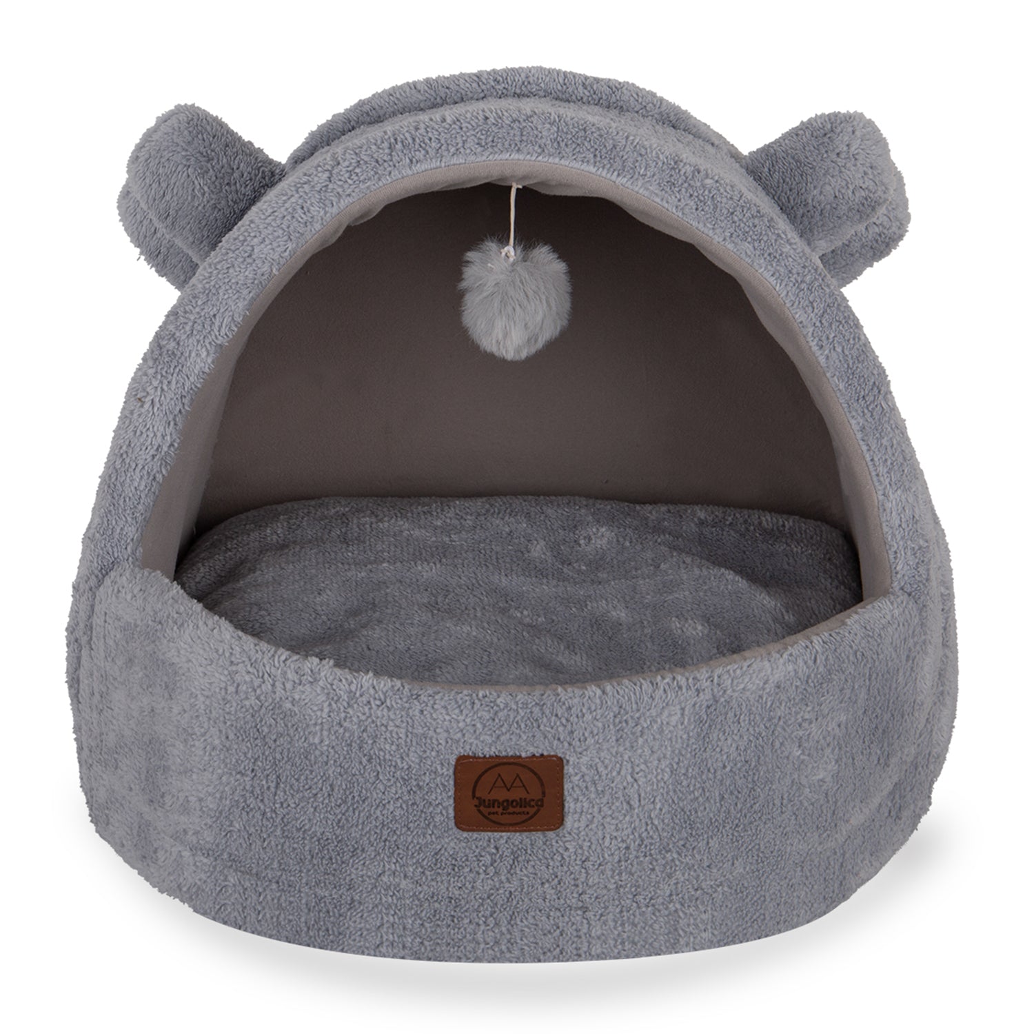 Grey ultra-soft covered cat bed with removable cushion and playful hanging pompom toy
