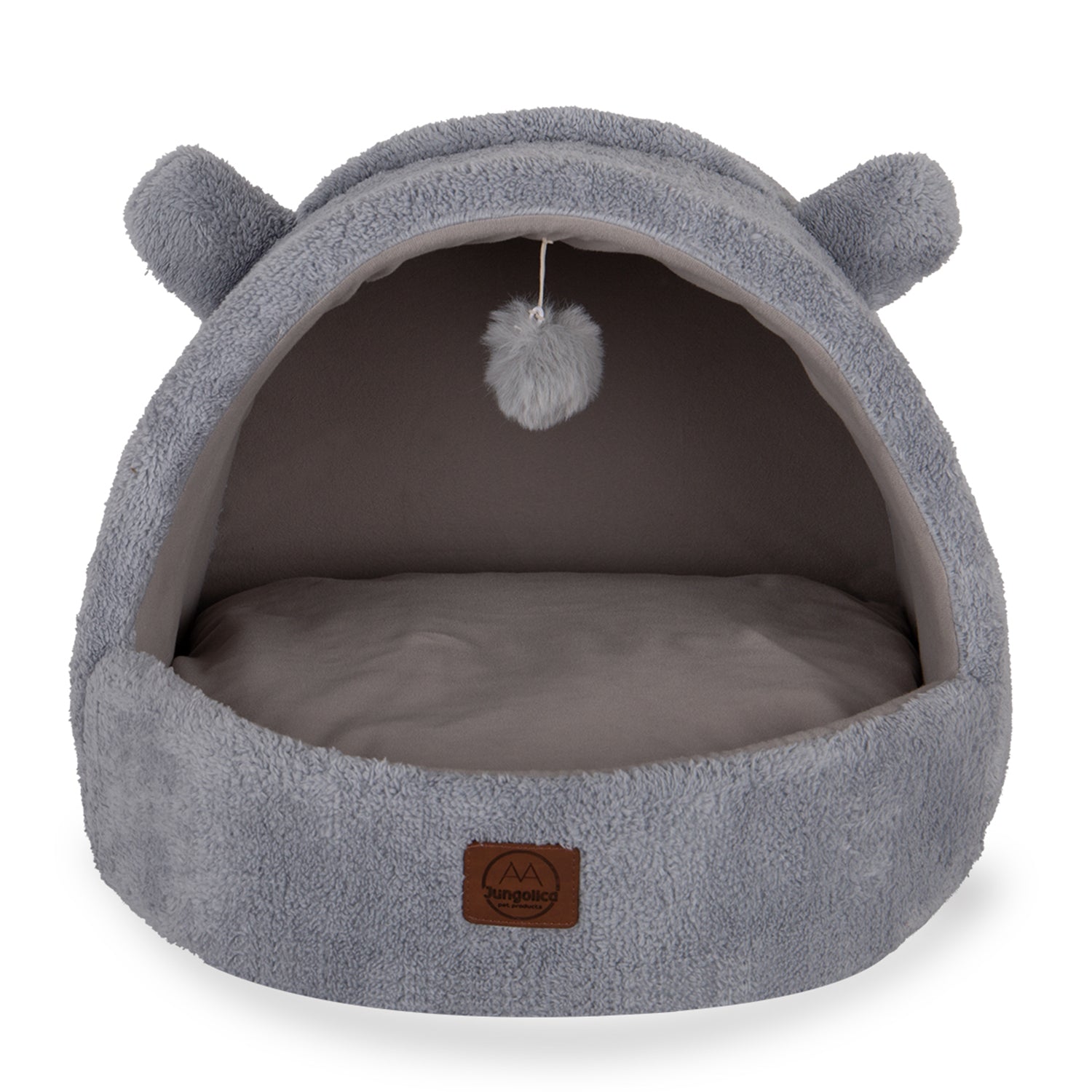Light grey plush enclosed cat bed with removable cushion and soft hanging toy