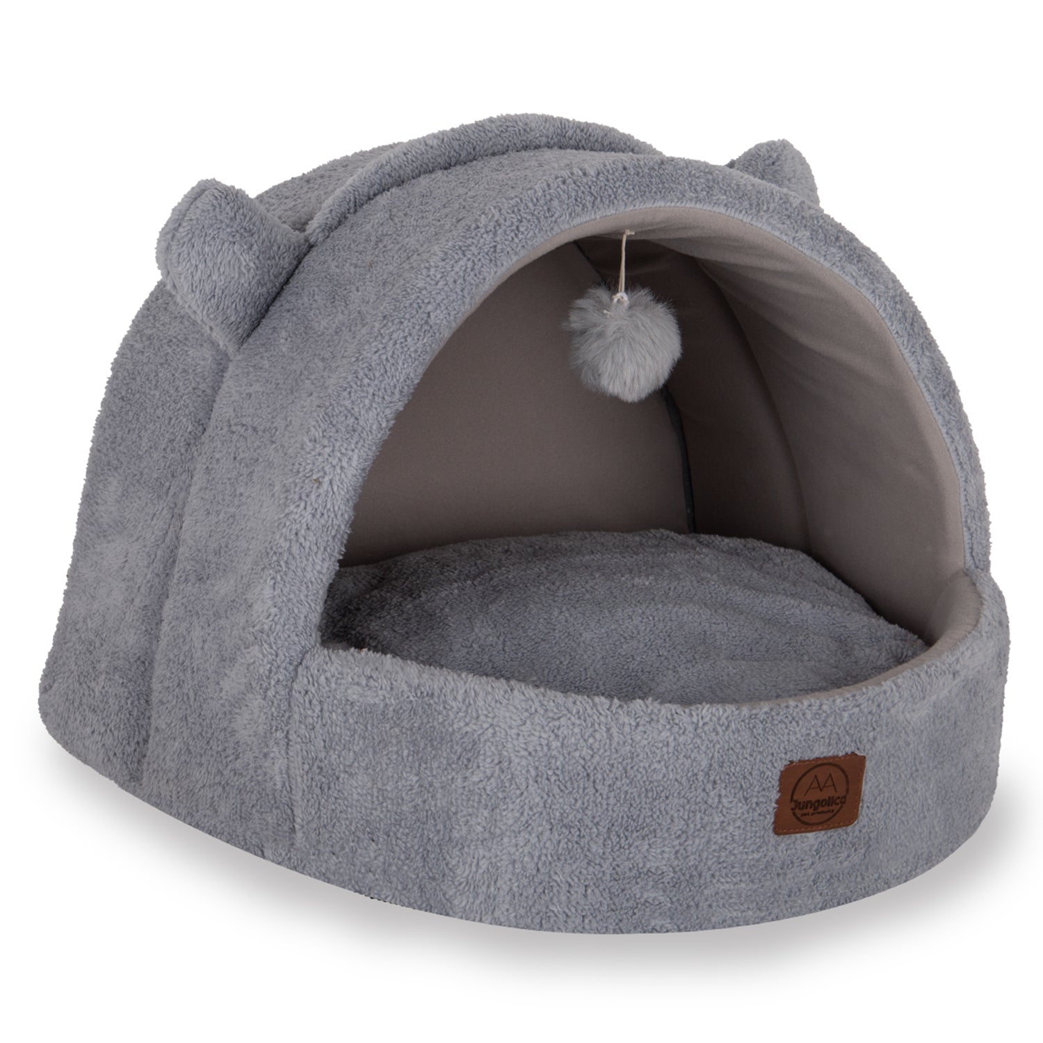 Ultra soft grey covered cat bed with removable cushion and hanging toy