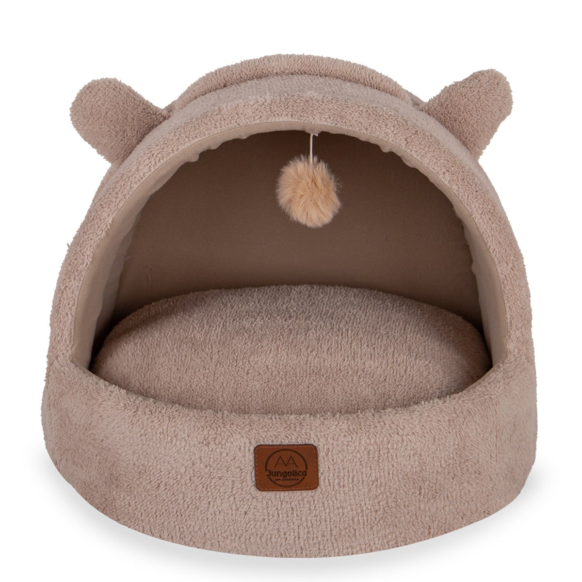 Beige covered cat bed with removable cushion, soft fabric, ears, and hanging plush toy.