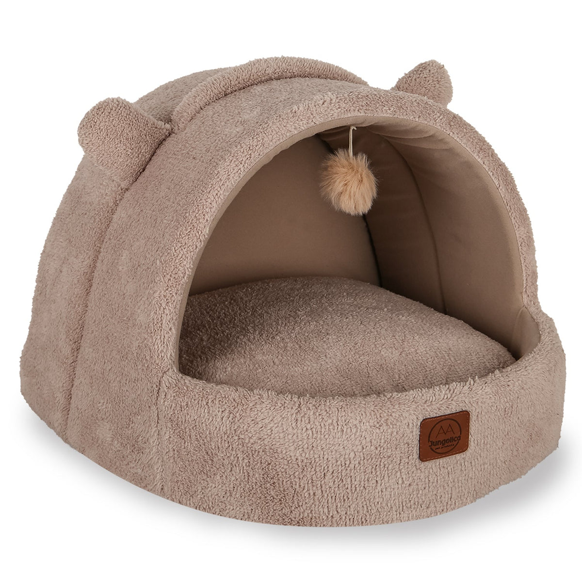 Beige ultra soft covered cat bed with removable cushion and playful hanging pompom toy