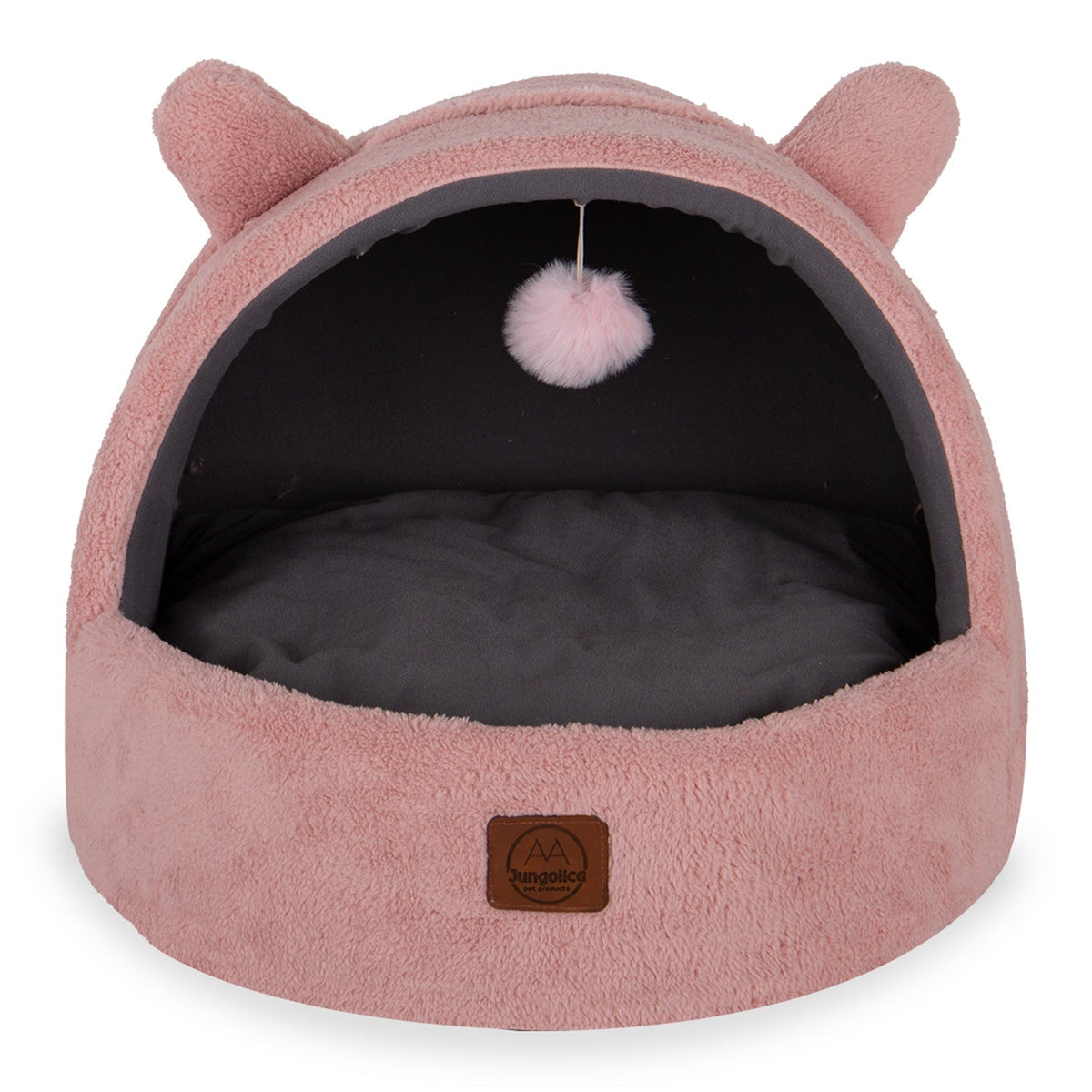 Pink ultra-soft covered cat bed with removable cushion and playful pompom toy