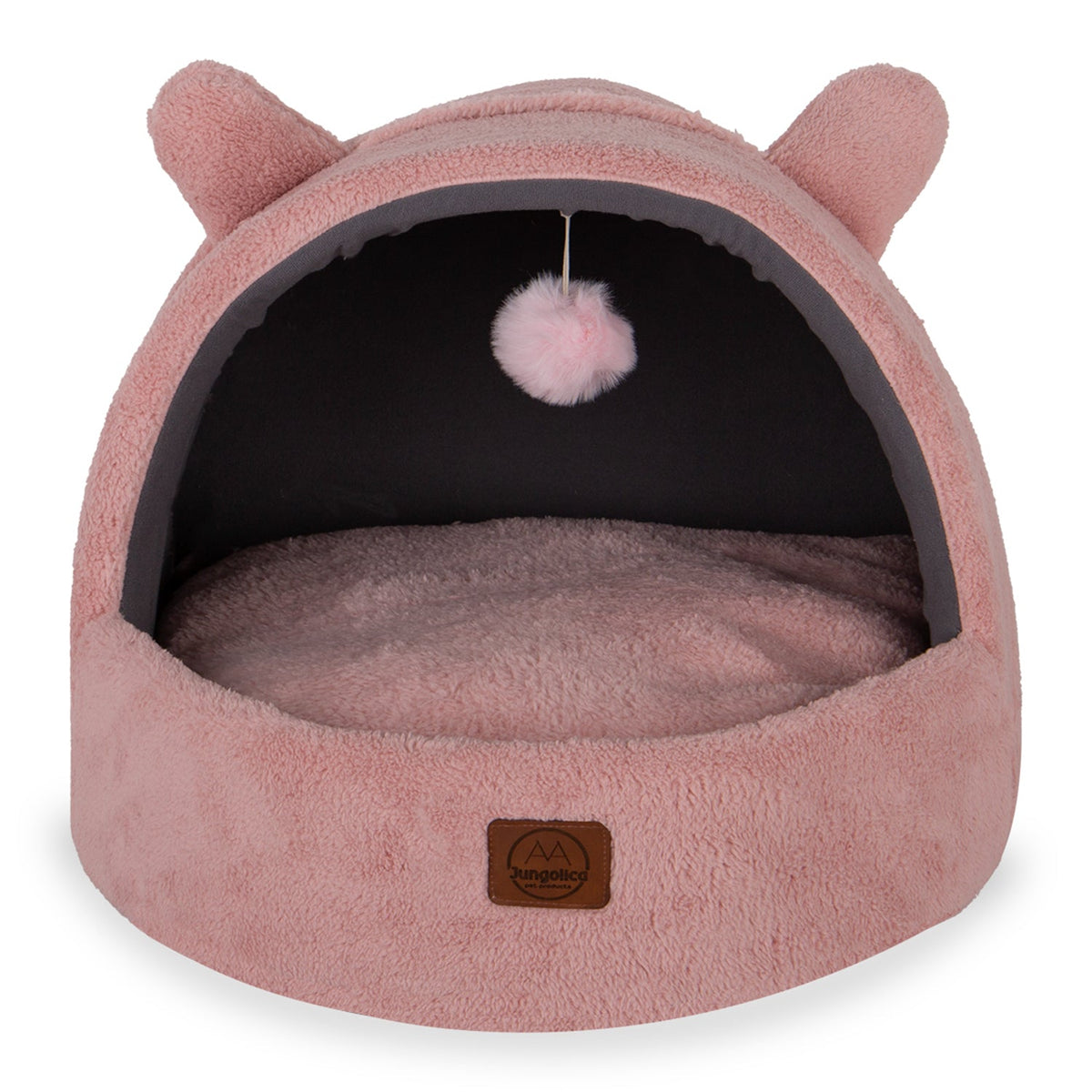 Ultra soft pink covered cat bed with removable cushion, plush fabric and hanging toy ball.