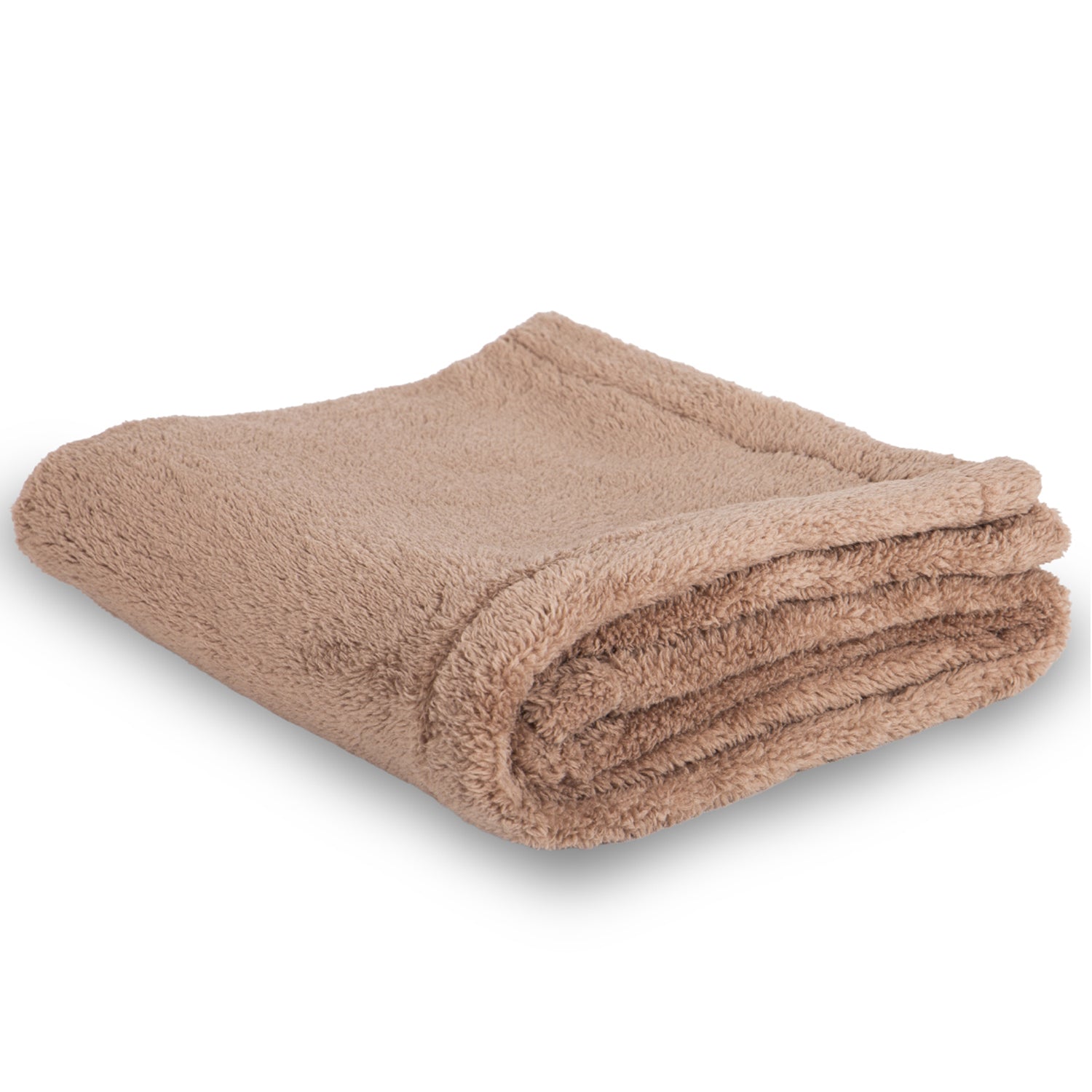 Folded beige fleece blanket with soft, plush texture on white background.