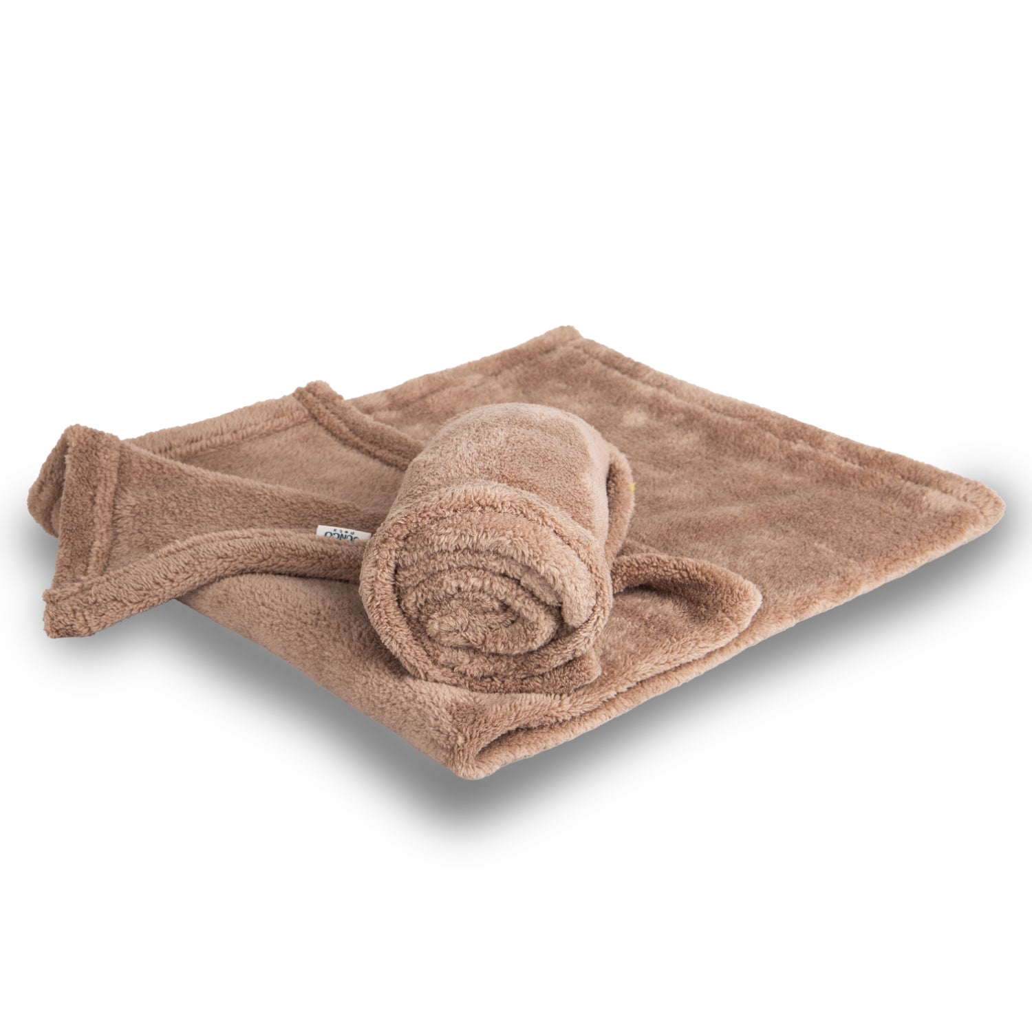 Soft beige fleece blanket folded and rolled on white background